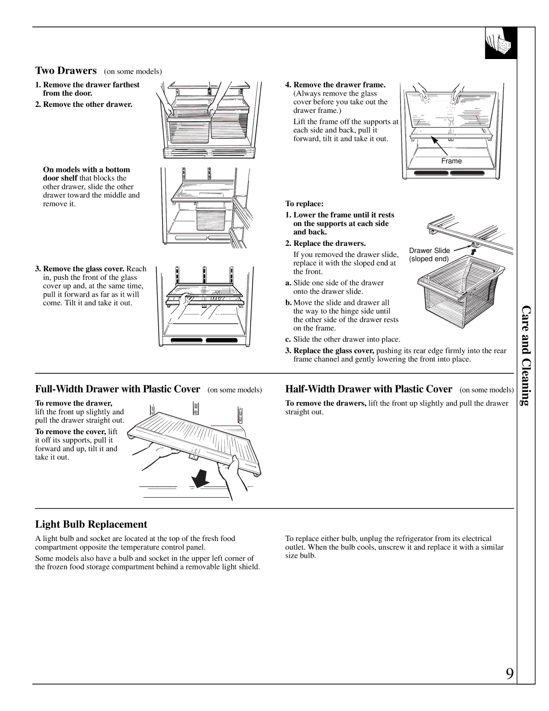 GE 162D7740P005 dimensions Care, Full-Width Drawer with Plastic Cover on some models, Light Bulb Replacement 