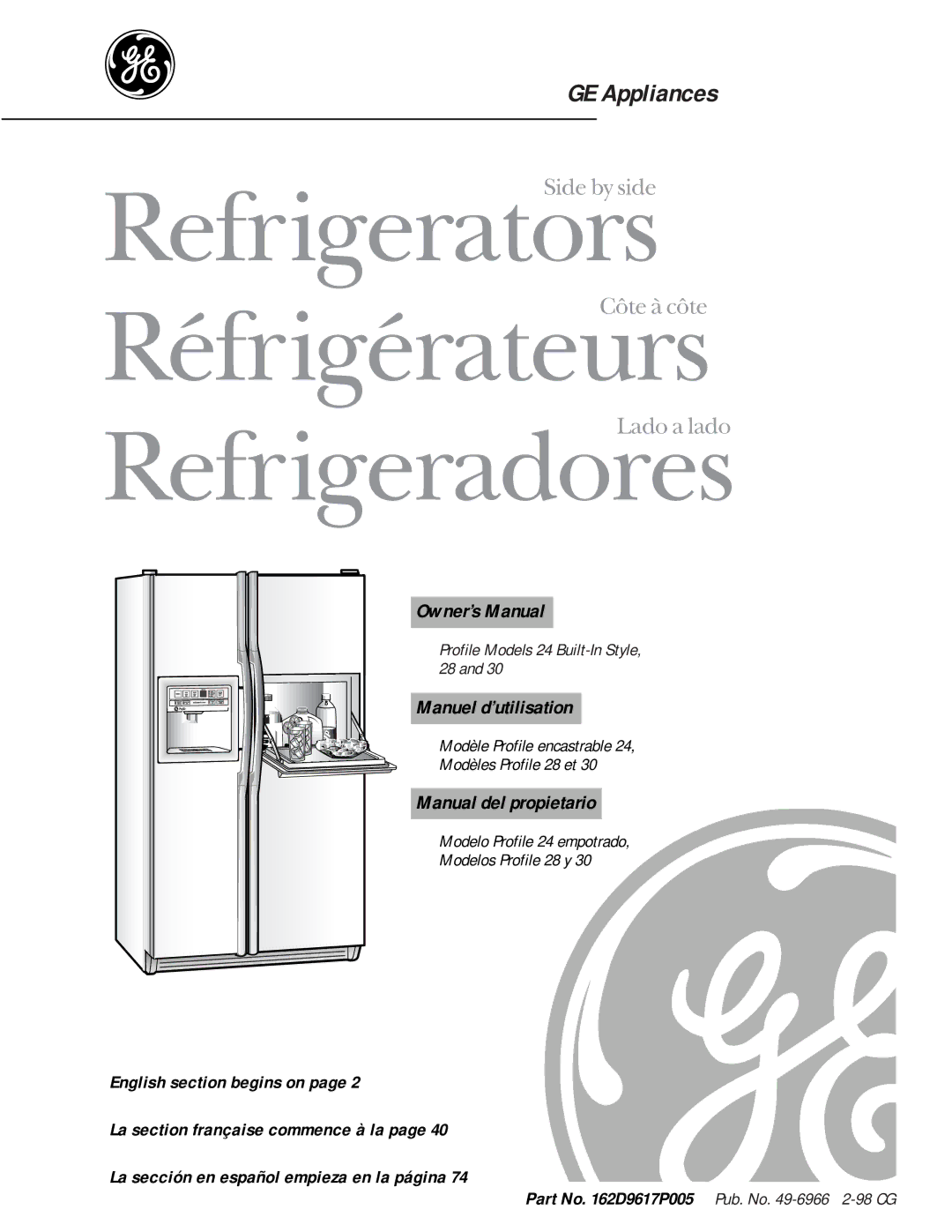 GE 162D9617P005 owner manual Refrigerators 