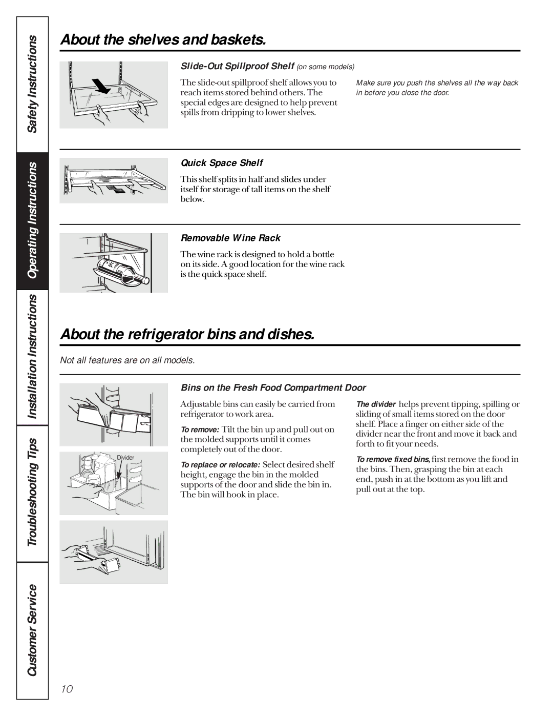 GE 162D9617P005 owner manual About the refrigerator bins and dishes, TroubleshootingTips CustomerService 