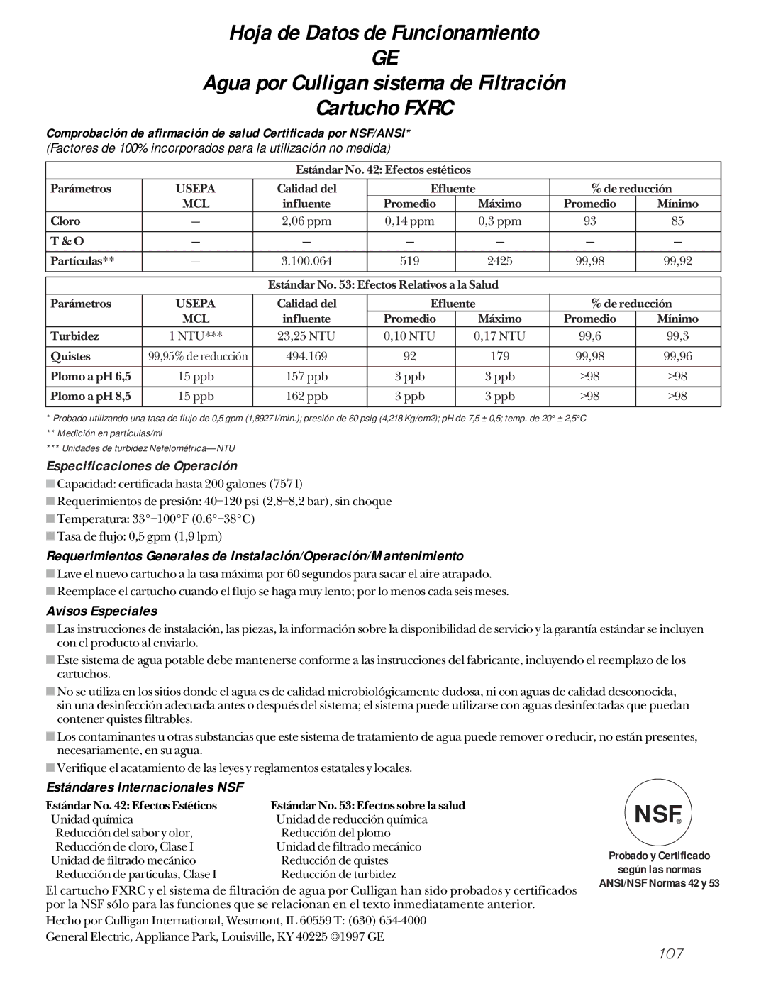 GE 162D9617P005 owner manual Especificaciones de Operación, Avisos Especiales, Estándares Internacionales NSF 