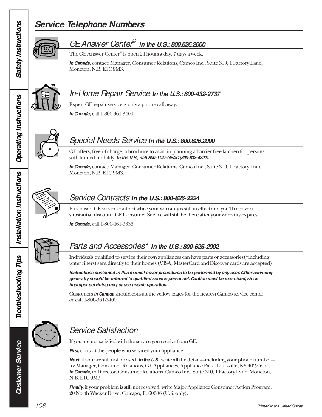 GE 162D9617P005 owner manual Service Telephone Numbers, Service Satisfaction 