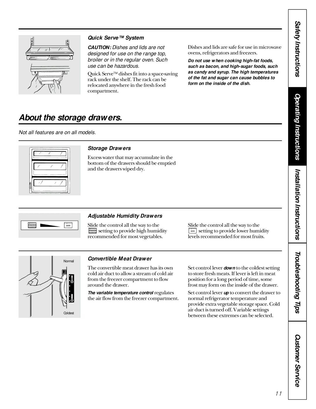 GE 162D9617P005 owner manual About the storage drawers, Quick Serve System, Storage Drawers, Adjustable Humidity Drawers 