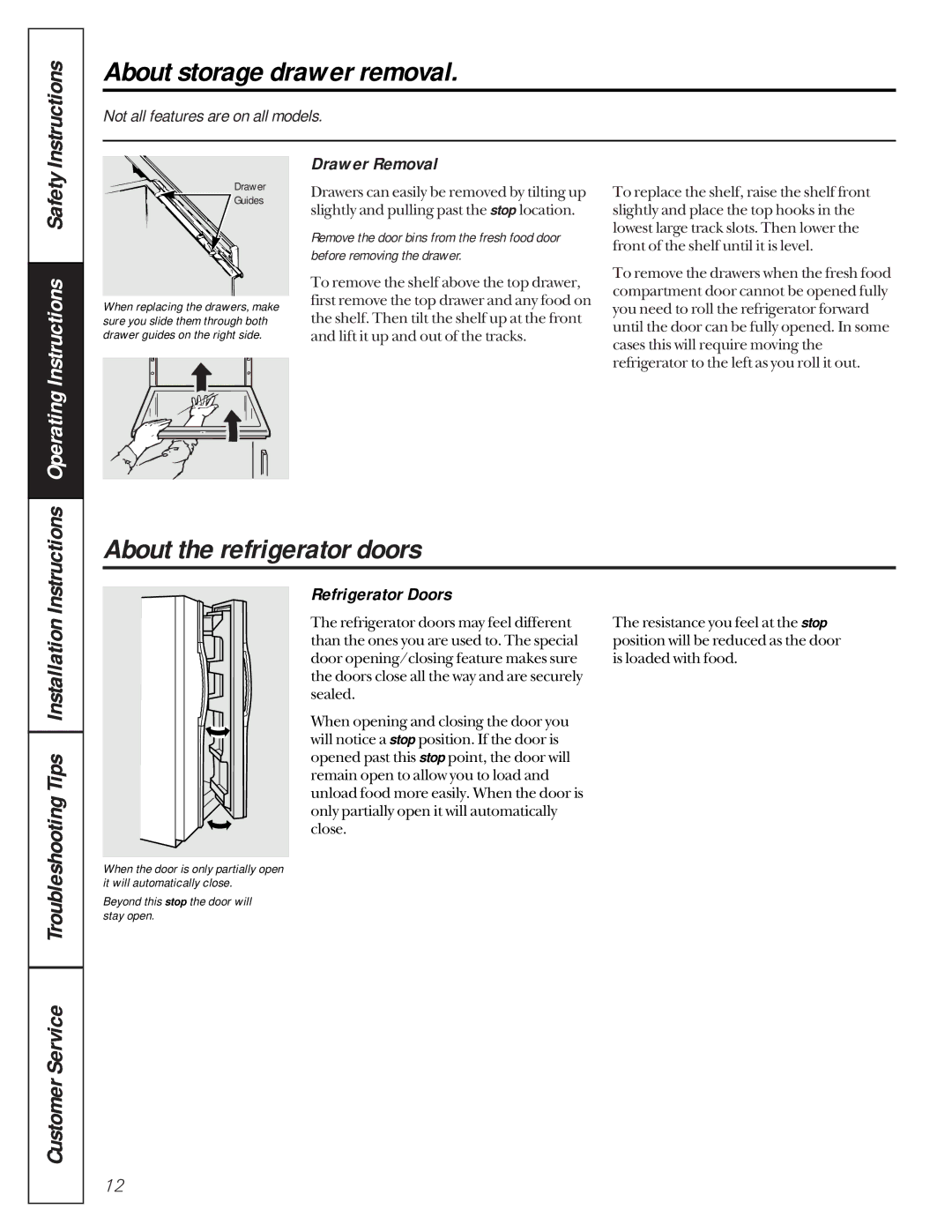 GE 162D9617P005 owner manual About storage drawer removal, About the refrigerator doors, Drawer Removal, Refrigerator Doors 