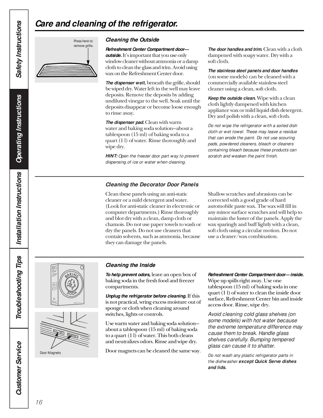 GE 162D9617P005 owner manual Care and cleaning of the refrigerator, Cleaning the Outside, Cleaning the Inside 