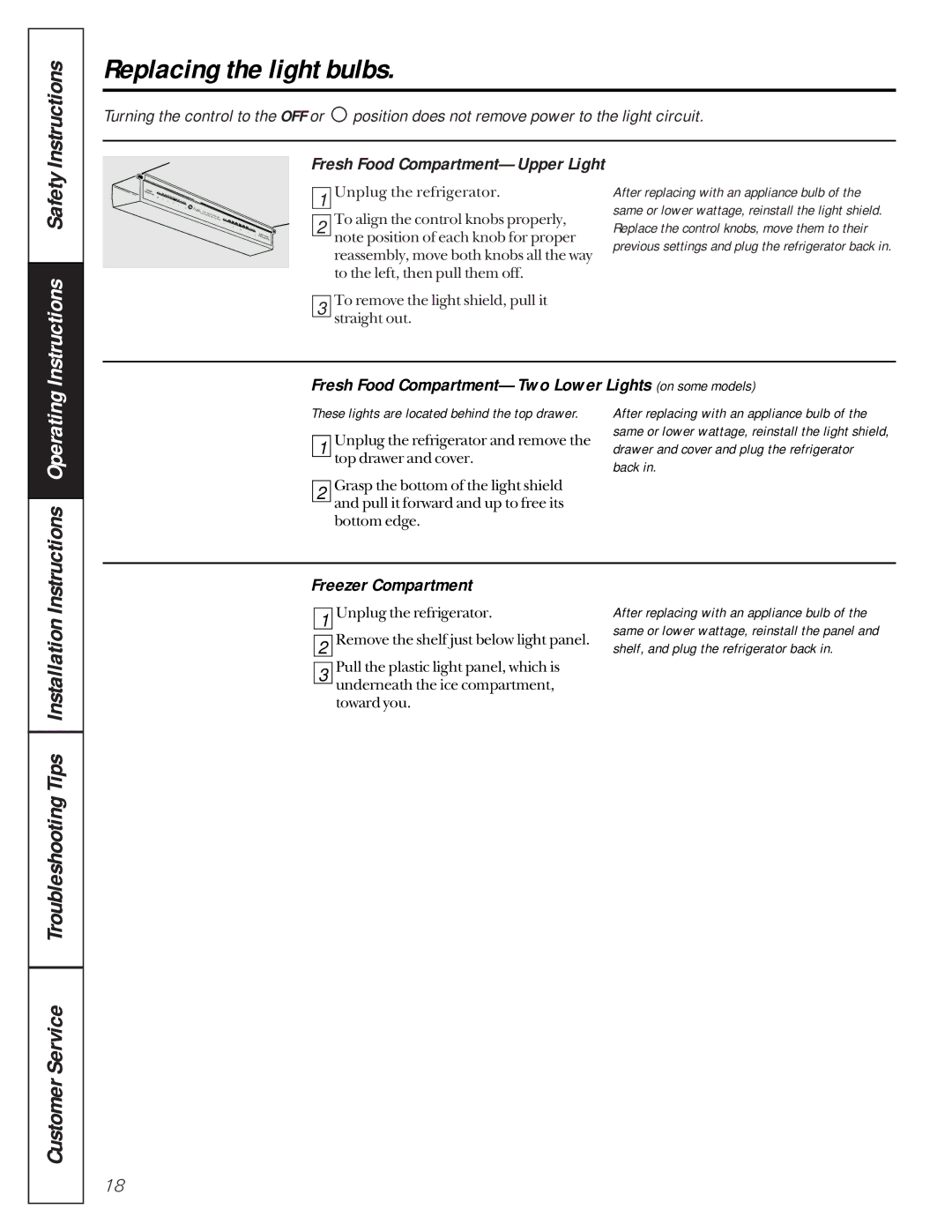 GE 162D9617P005 Replacing the light bulbs, Fresh Food Compartment-Two Lower Lights on some models, Freezer Compartment 