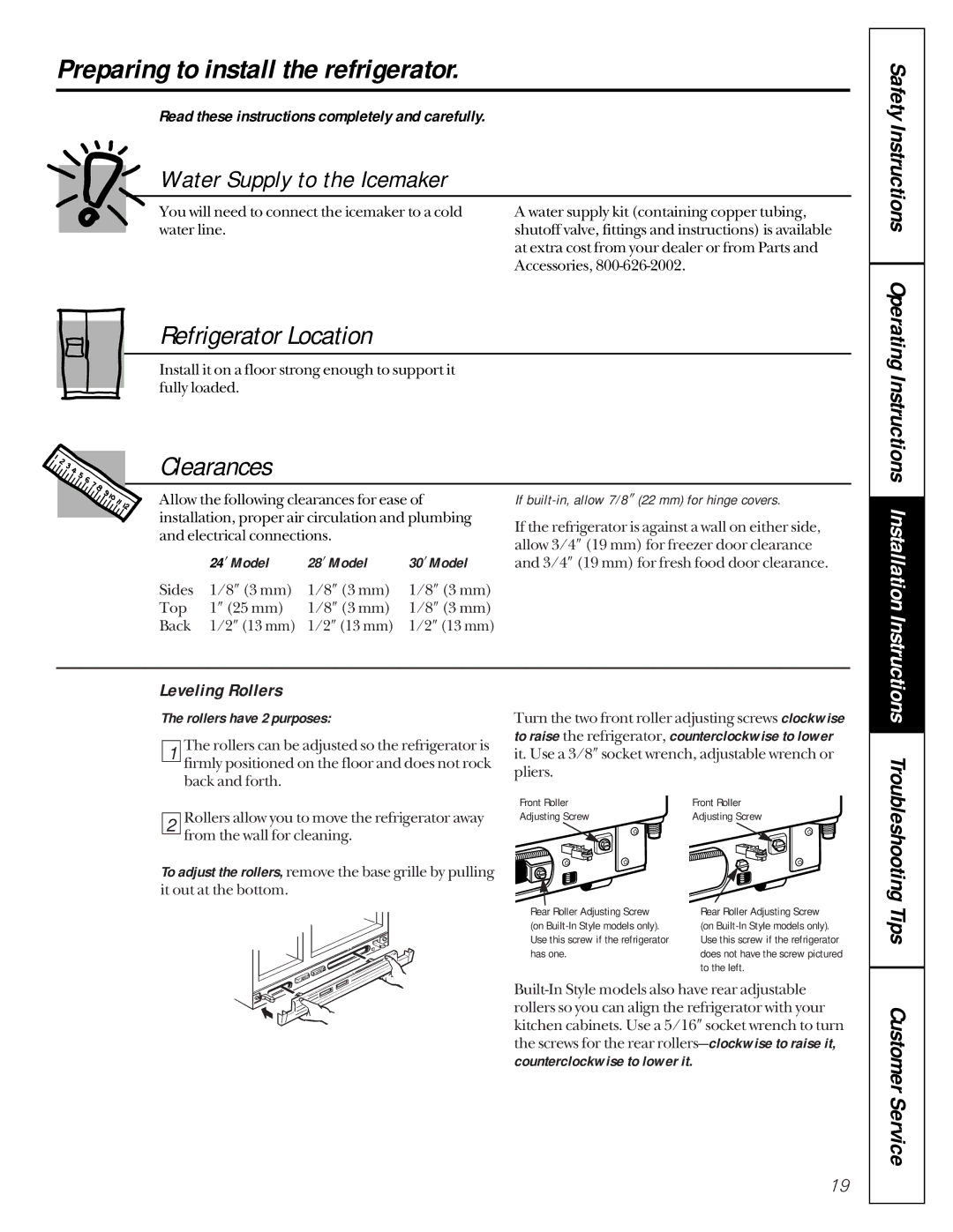 GE 162D9617P005 owner manual Preparing to install the refrigerator, Refrigerator Location, Clearances, Leveling Rollers 