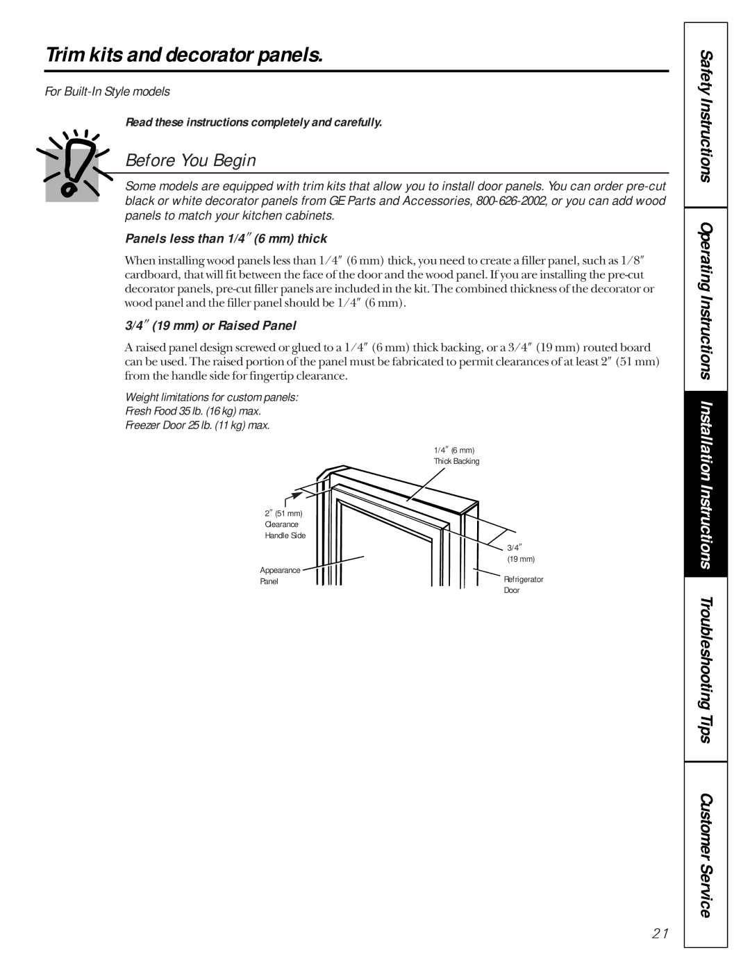 GE 162D9617P005 owner manual Trim kits and decorator panels, Panels less than 1/4″ 6 mm thick, ″ 19 mm or Raised Panel 