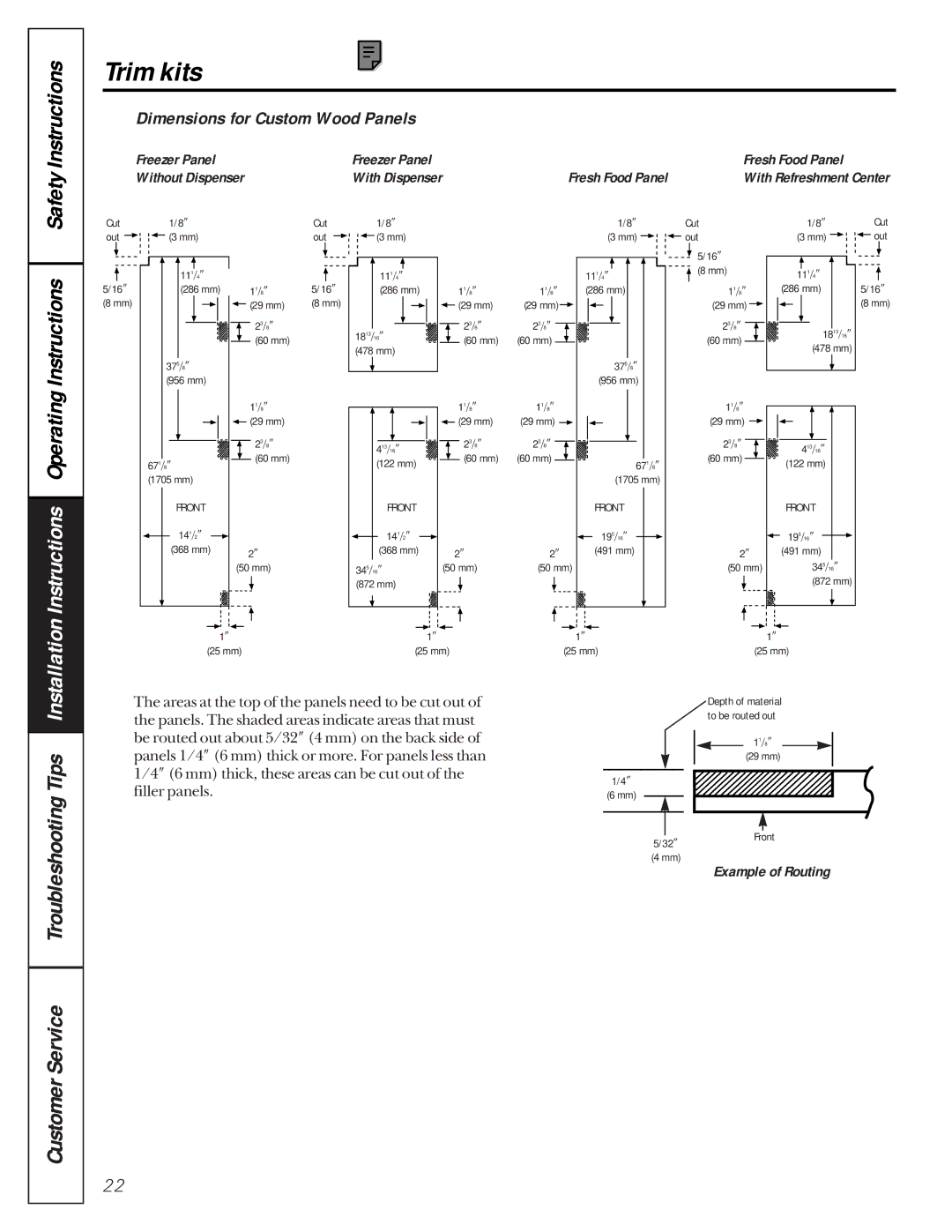 GE 162D9617P005 owner manual Trim kits, Dimensions for Custom Wood Panels, Freezer Panel, Example of Routing 