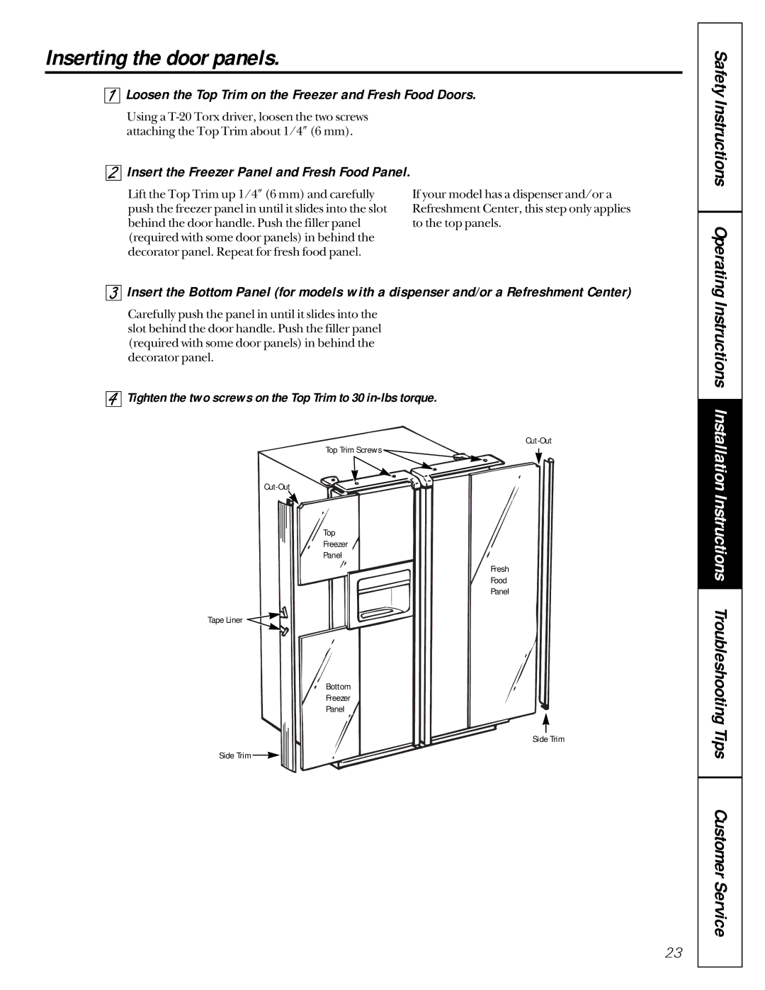 GE 162D9617P005 owner manual Inserting the door panels, Loosen the Top Trim on the Freezer and Fresh Food Doors 