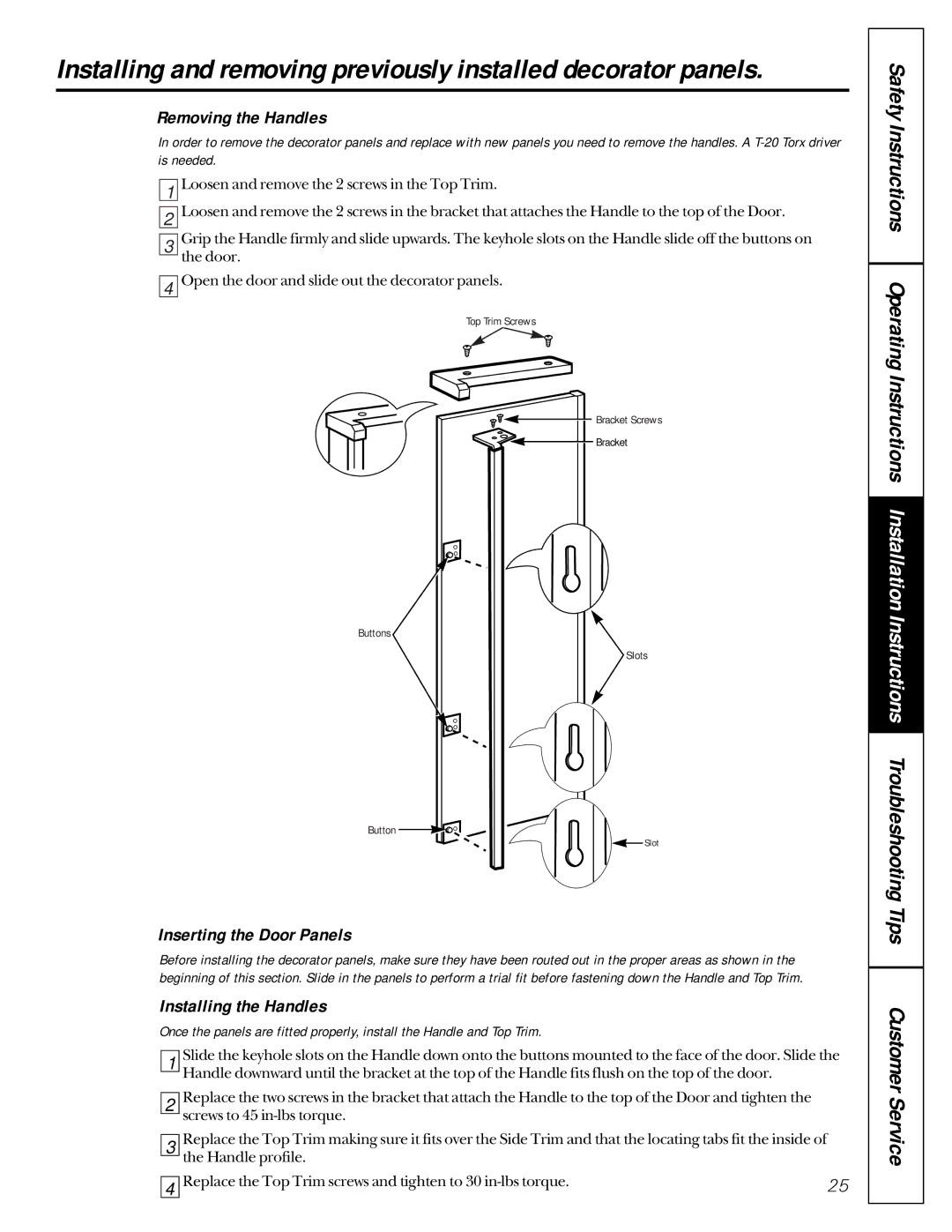 GE 162D9617P005 owner manual Removing the Handles, Inserting the Door Panels, Installing the Handles 