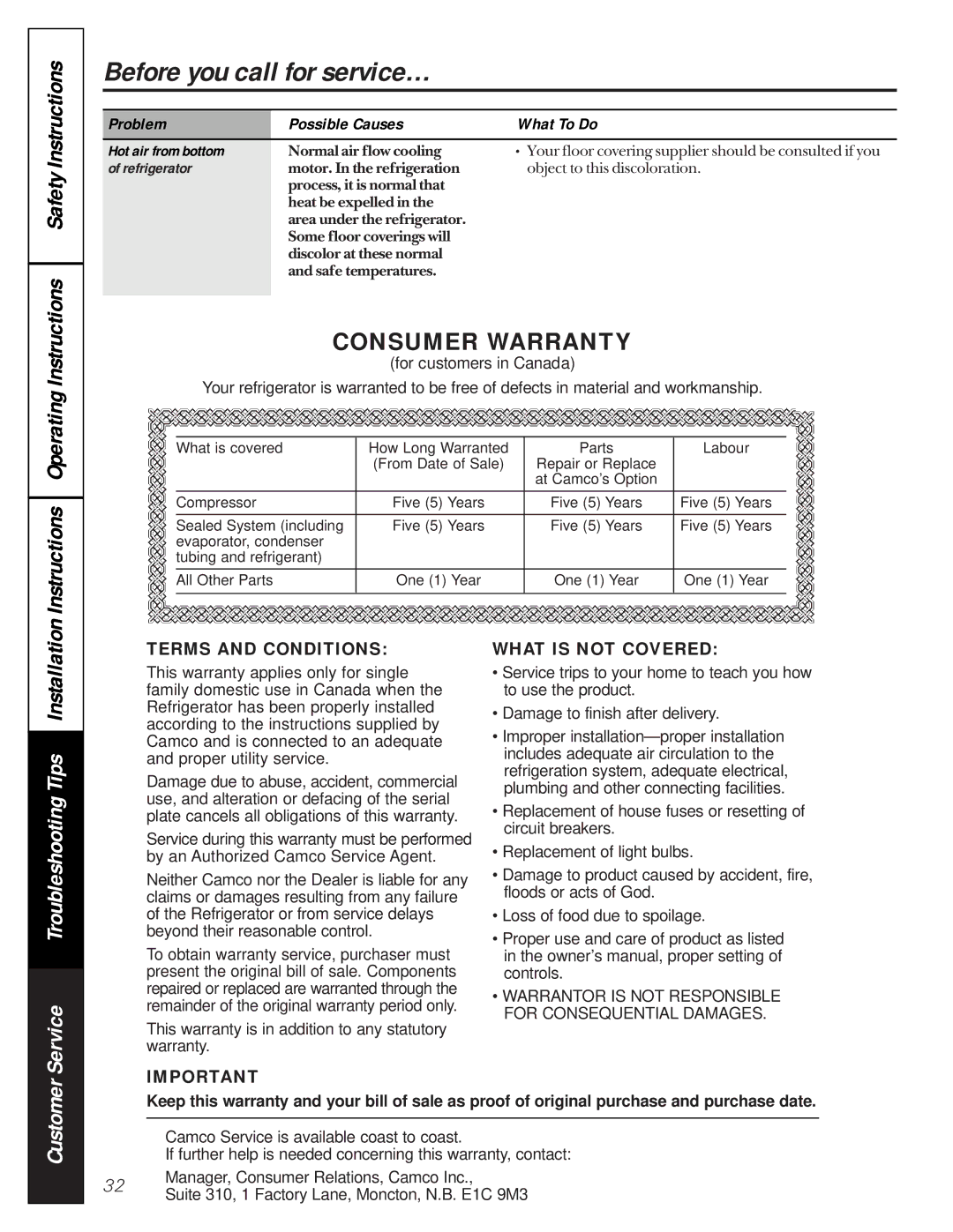 GE 162D9617P005 owner manual Hot air from bottom, Refrigerator 