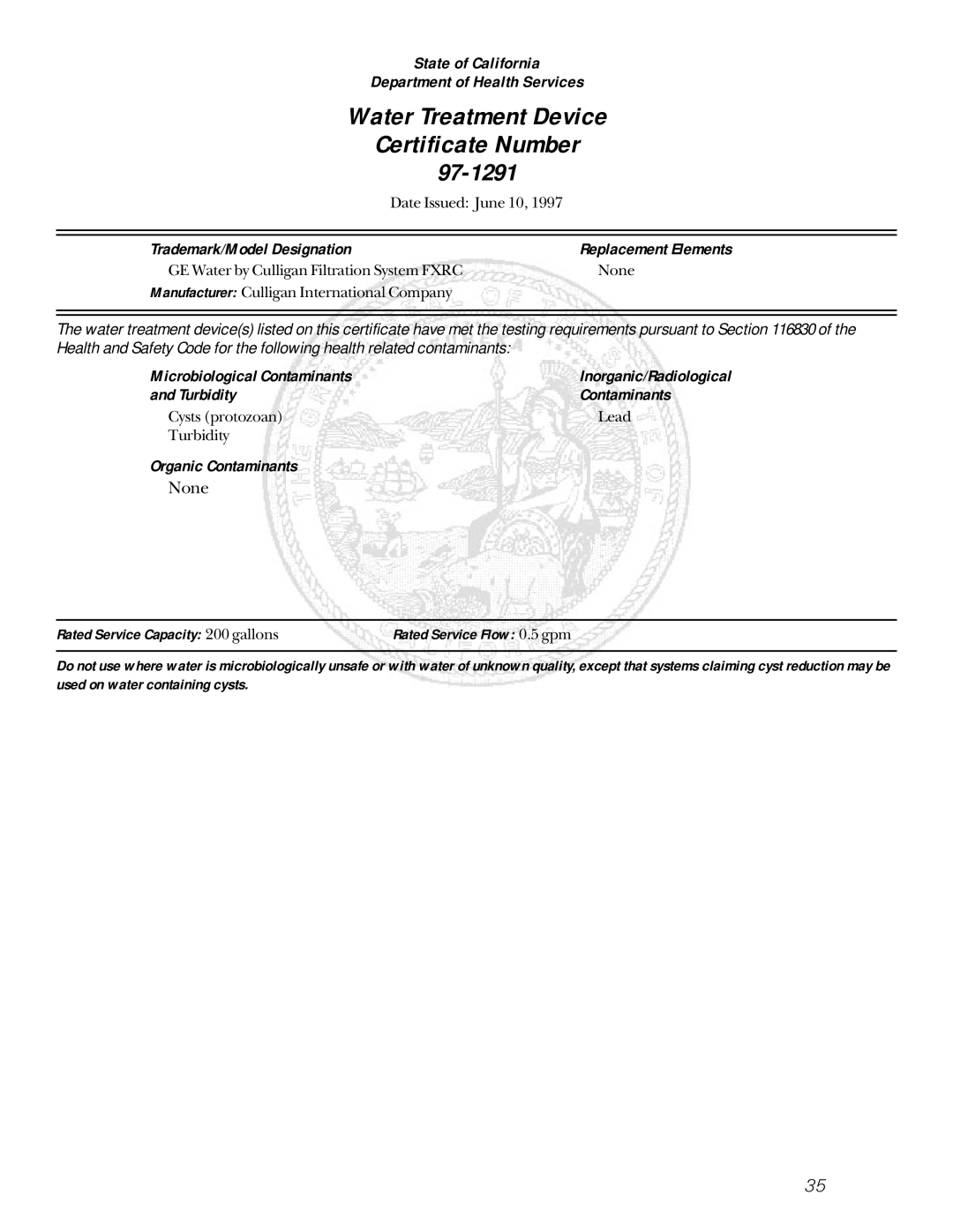 GE 162D9617P005 State of California Department of Health Services, Trademark/Model Designation, Turbidity Contaminants 