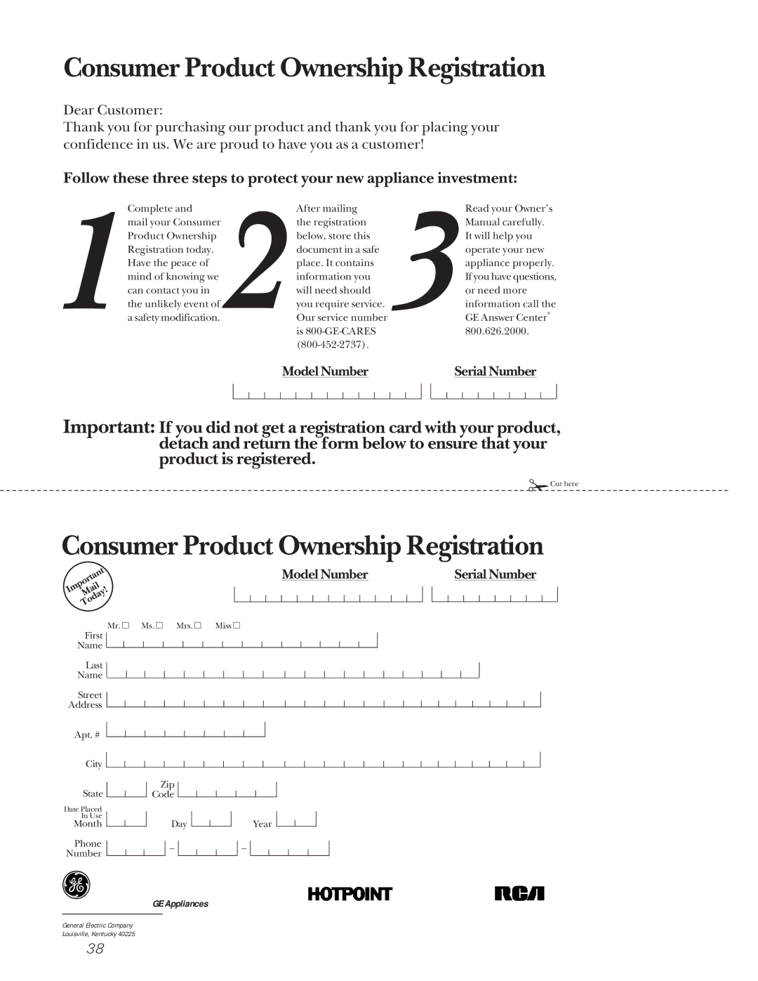 GE 162D9617P005 owner manual Consumer Product Ownership Registration 