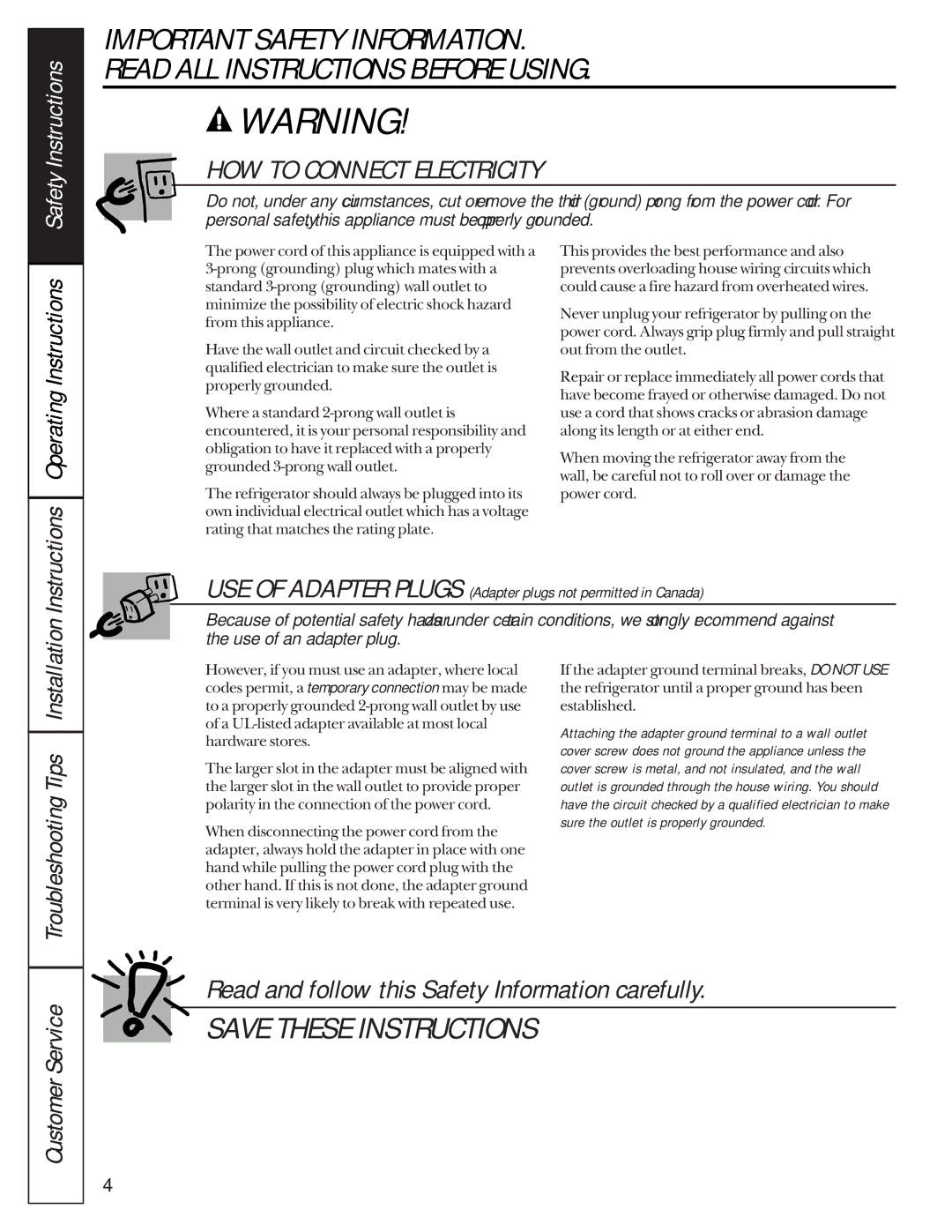 GE 162D9617P005 owner manual OperatingInstructions, TroubleshootingTips, CustomerService 