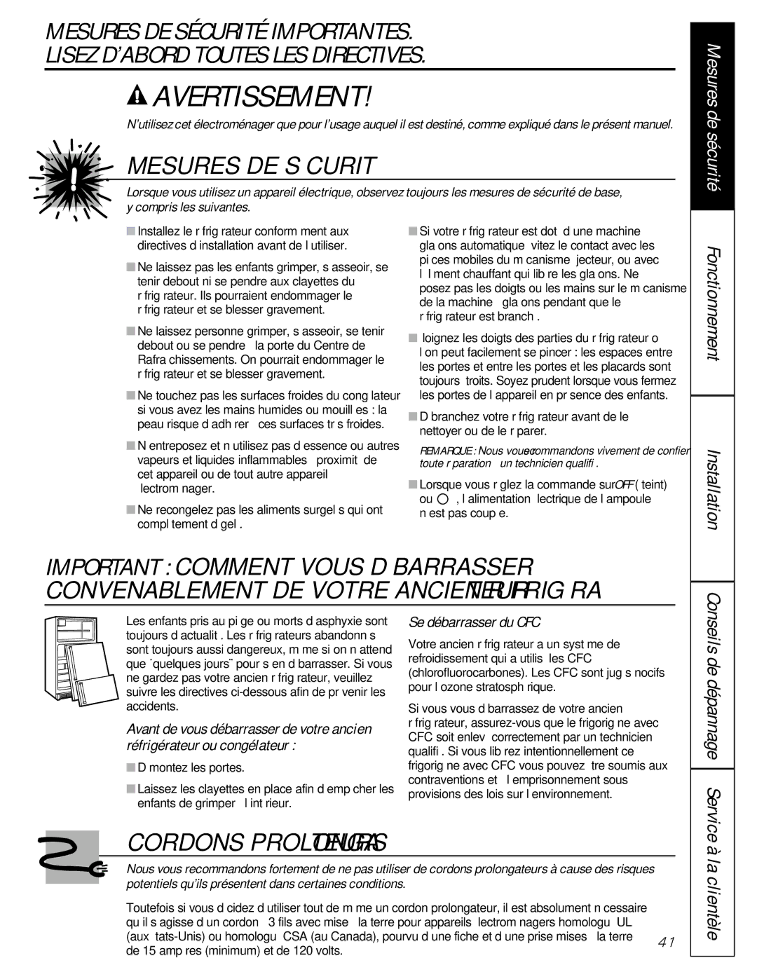 GE 162D9617P005 Fonctionnement Installation, La clientèle, Se débarrasser du CFC, Conseils de dépannage Service 