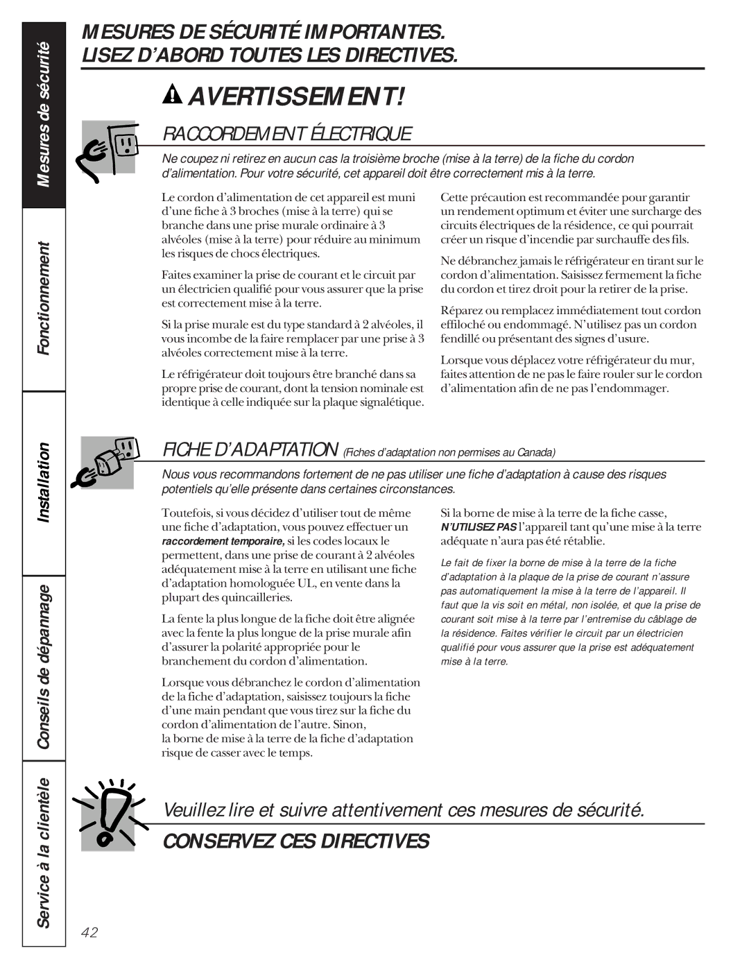 GE 162D9617P005 owner manual Raccordement Électrique, Conseils de dépannage 