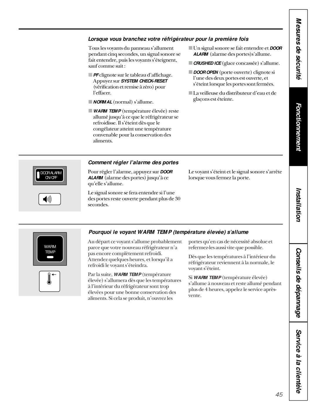 GE 162D9617P005 De sécurité, Comment régler l’alarme des portes, Pourquoi le voyant Warm Temp température élevée s’allume 