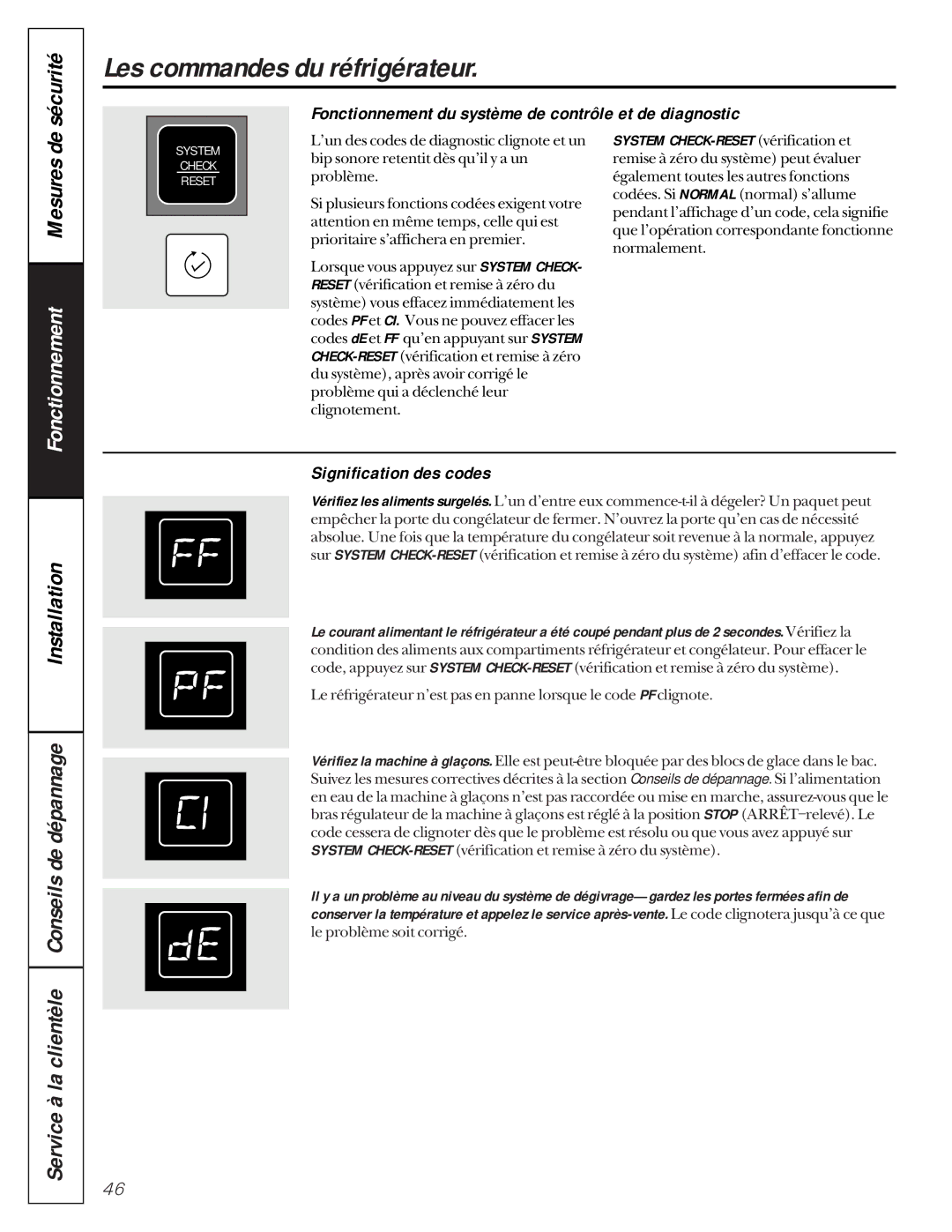 GE 162D9617P005 owner manual Fonctionnement du système de contrôle et de diagnostic, Signification des codes 