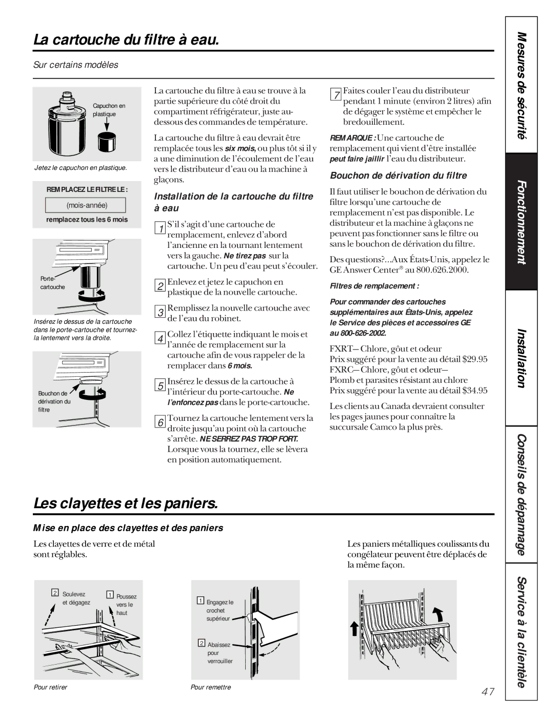 GE 162D9617P005 owner manual La cartouche du filtre à eau, Les clayettes et les paniers, Mesures 