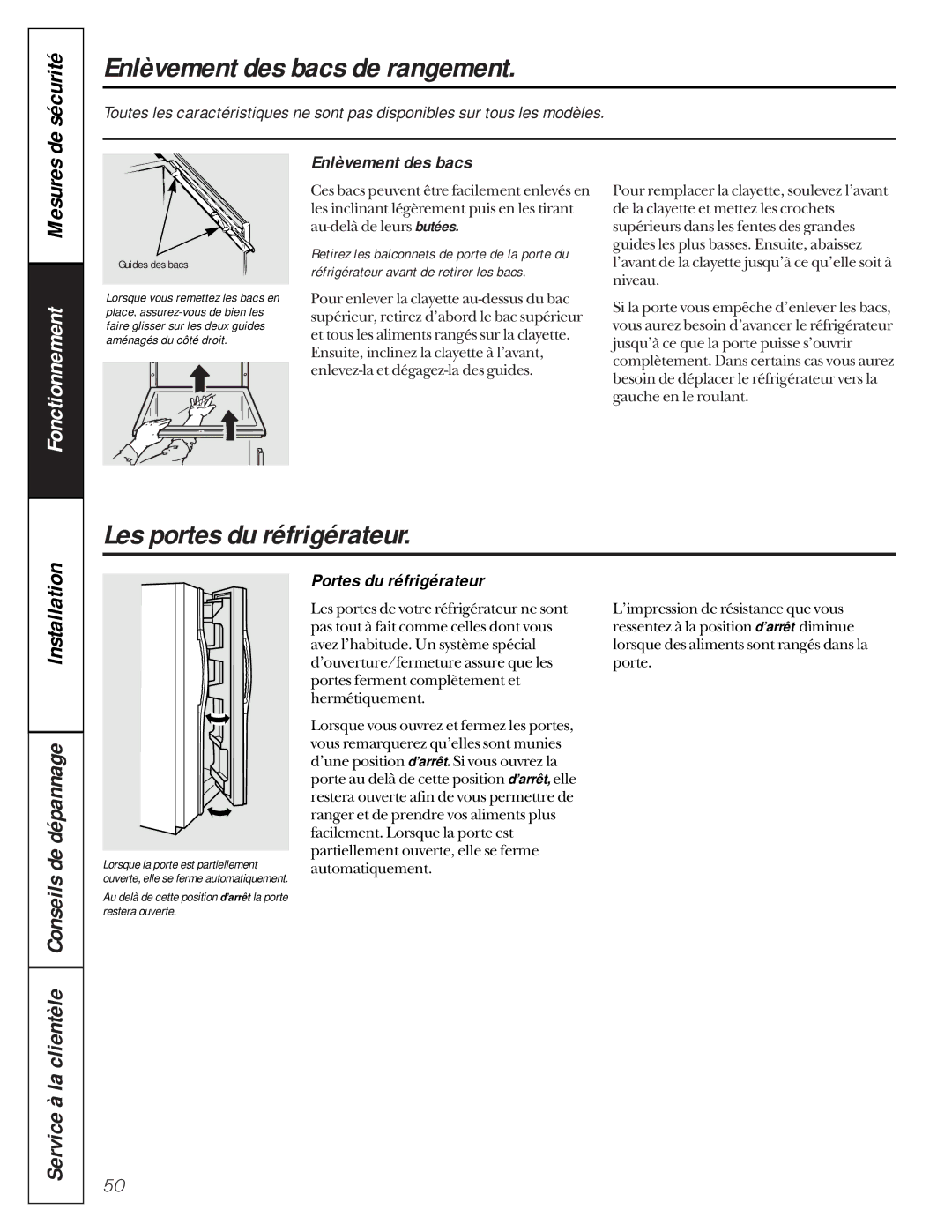 GE 162D9617P005 owner manual Enlèvement des bacs de rangement, Les portes du réfrigérateur, Portes du réfrigérateur 