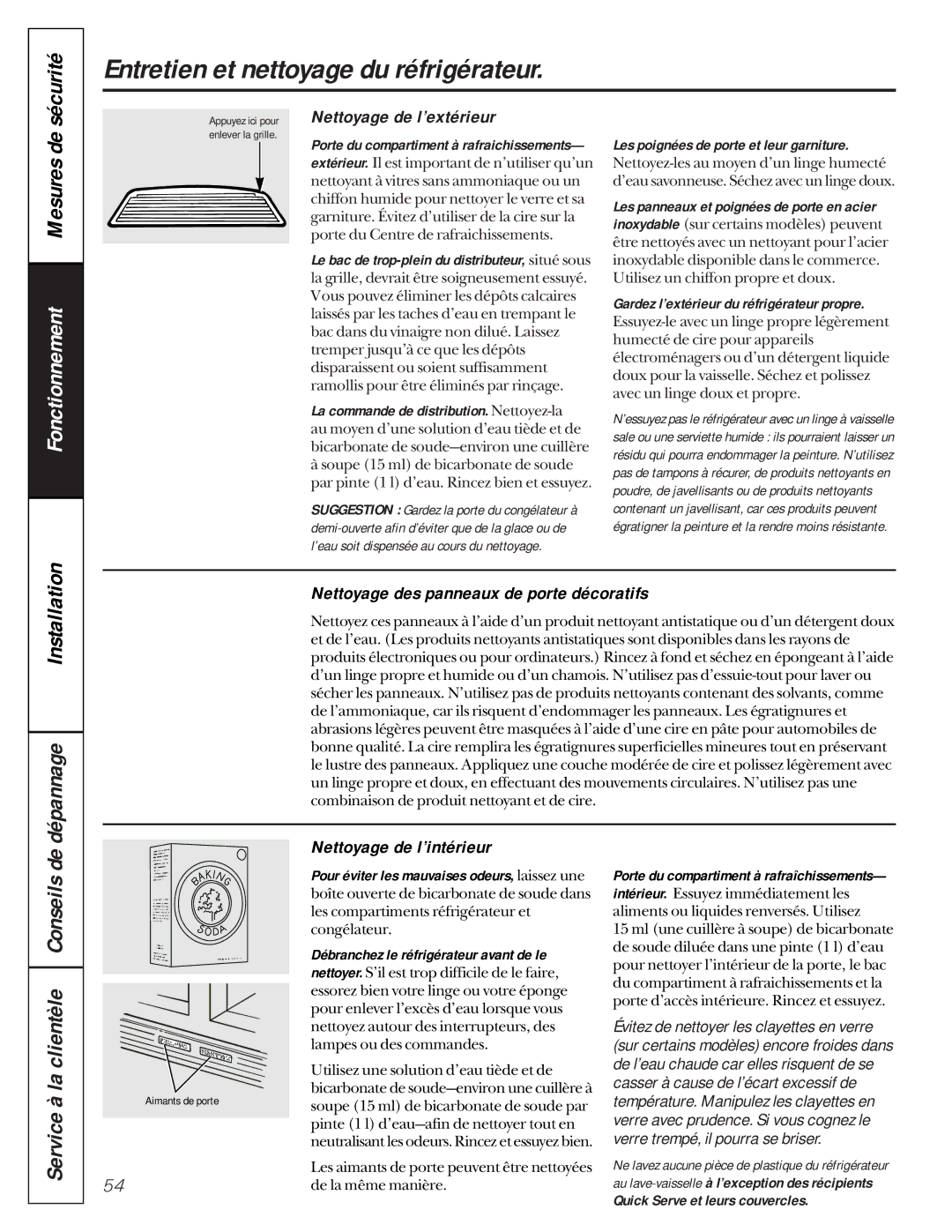 GE 162D9617P005 owner manual Entretien et nettoyage du réfrigérateur, Sécurité, Mesures de, Dépannage 