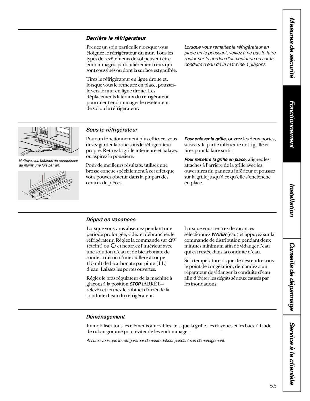 GE 162D9617P005 Service à la clientèle, Derrière le réfrigérateur, Sous le réfrigérateur, Départ en vacances, Déménagement 