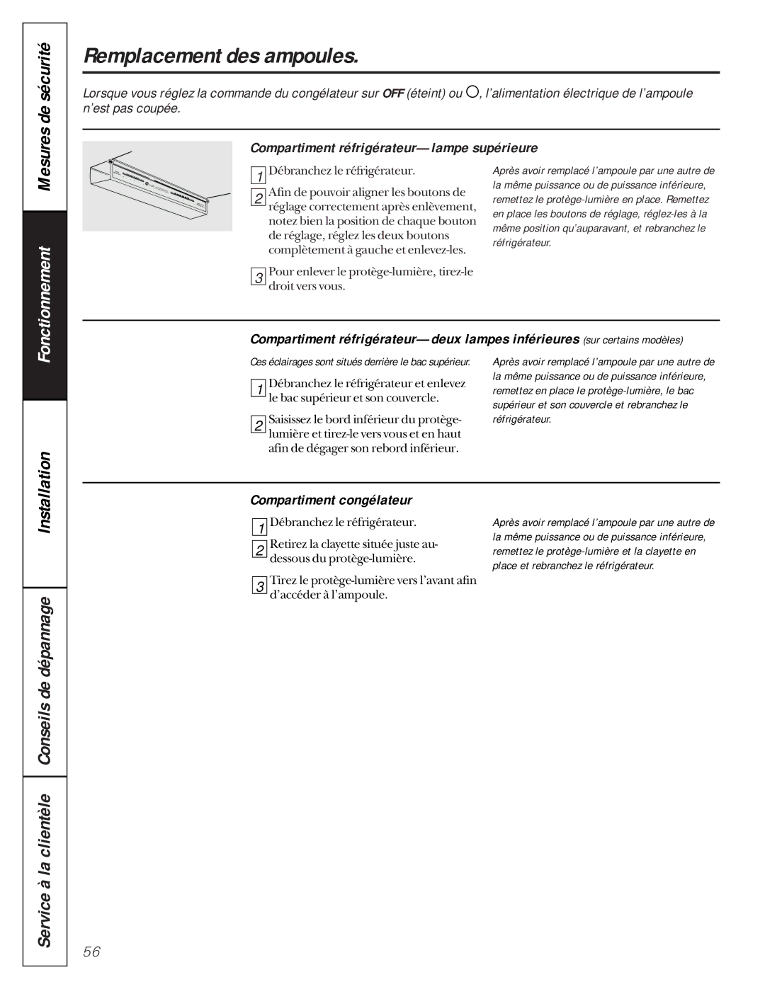 GE 162D9617P005 Remplacement des ampoules, Compartiment réfrigérateur-lampe supérieure, Compartiment congélateur 