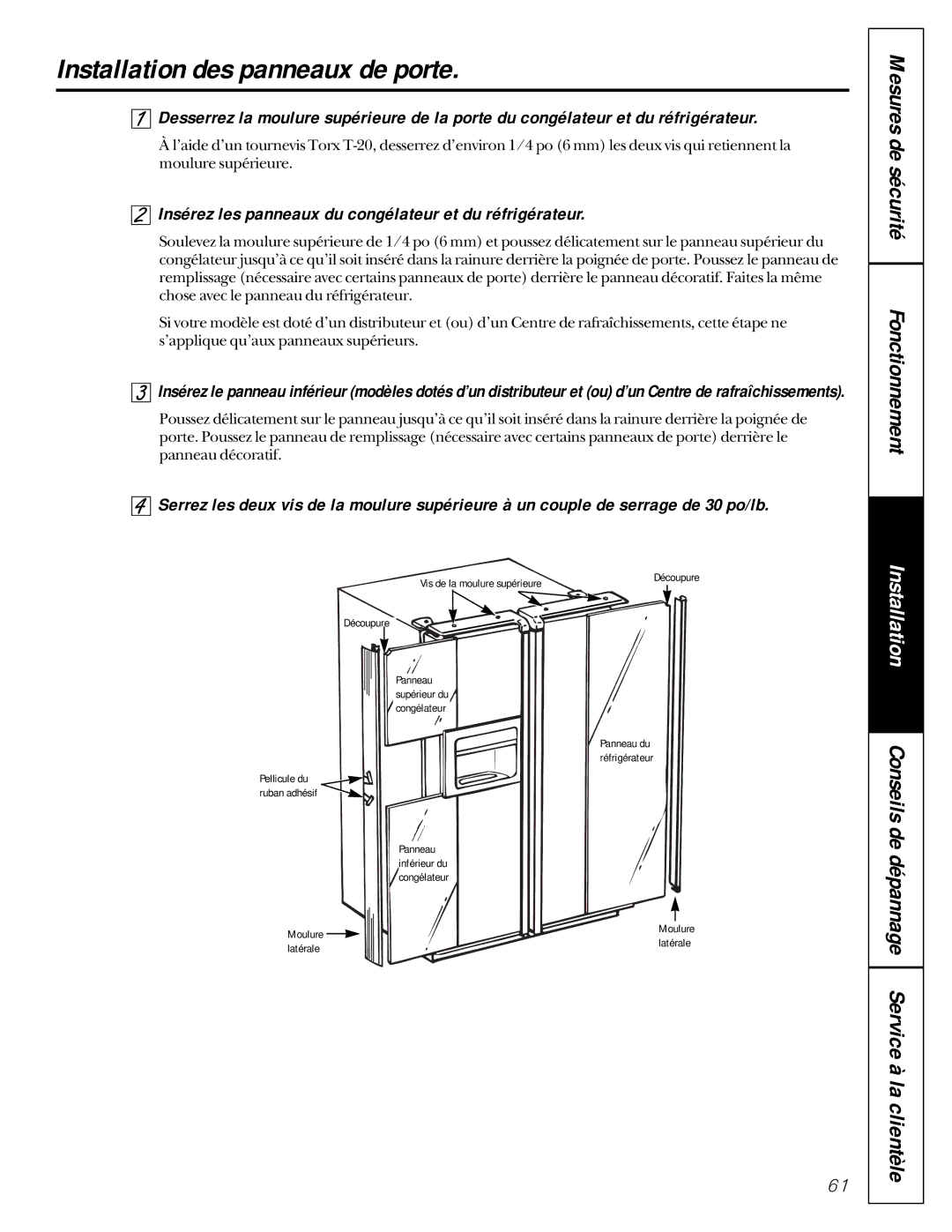 GE 162D9617P005 owner manual Installation des panneaux de porte, Insérez les panneaux du congélateur et du réfrigérateur 