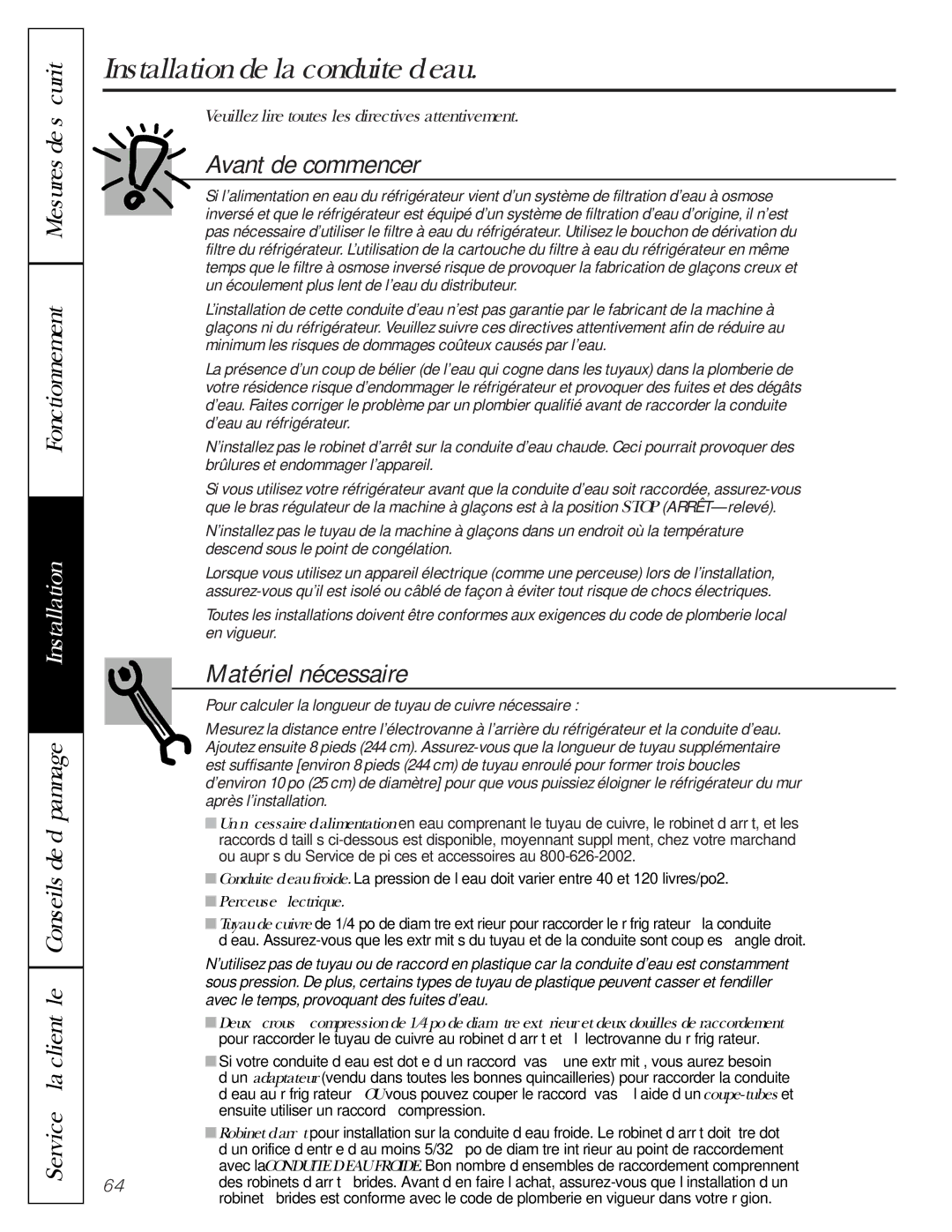GE 162D9617P005 owner manual Installation de la conduite d’eau, Matériel nécessaire, Perceuse électrique 