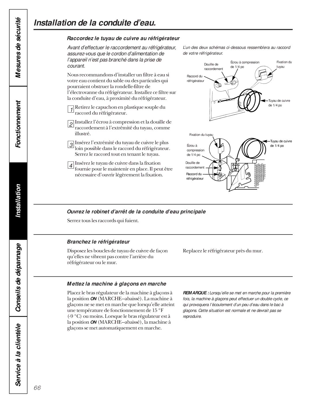 GE 162D9617P005 owner manual Mesures de Fonctionnement, Ouvrez le robinet d’arrêt de la conduite d’eau principale 