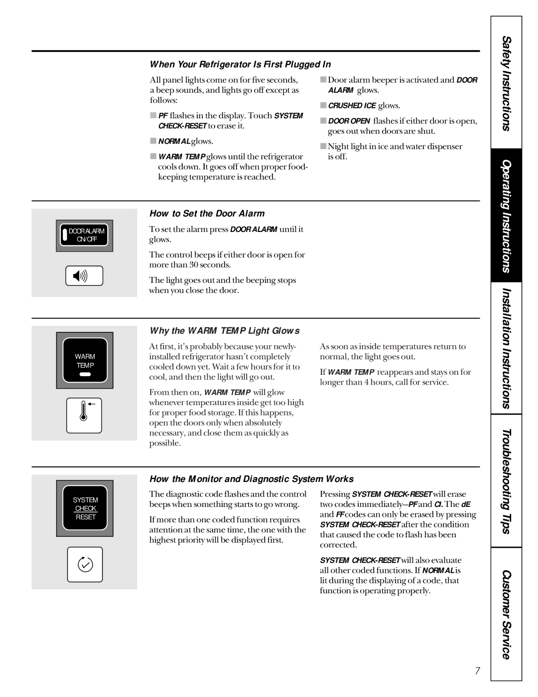 GE 162D9617P005 Safety, Tips Customer Service, When Your Refrigerator Is First Plugged, How to Set the Door Alarm 