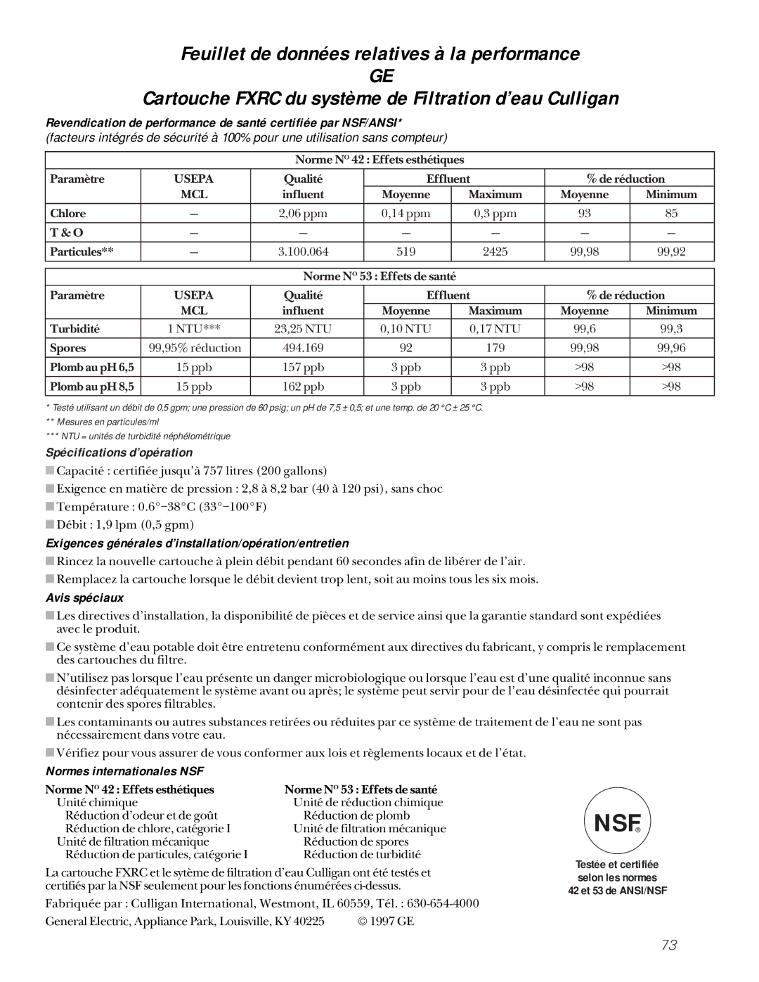 GE 162D9617P005 Spécifications d’opération, Exigences générales d’installation/opération/entretien, Avis spéciaux 