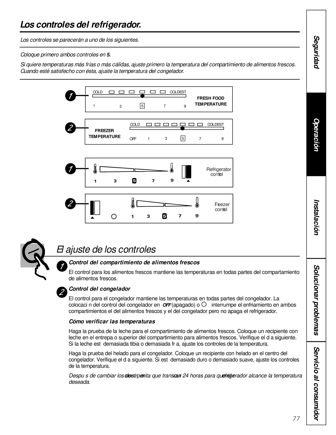 GE 162D9617P005 owner manual Los controles del refrigerador, El ajuste de los controles, Seguridad 