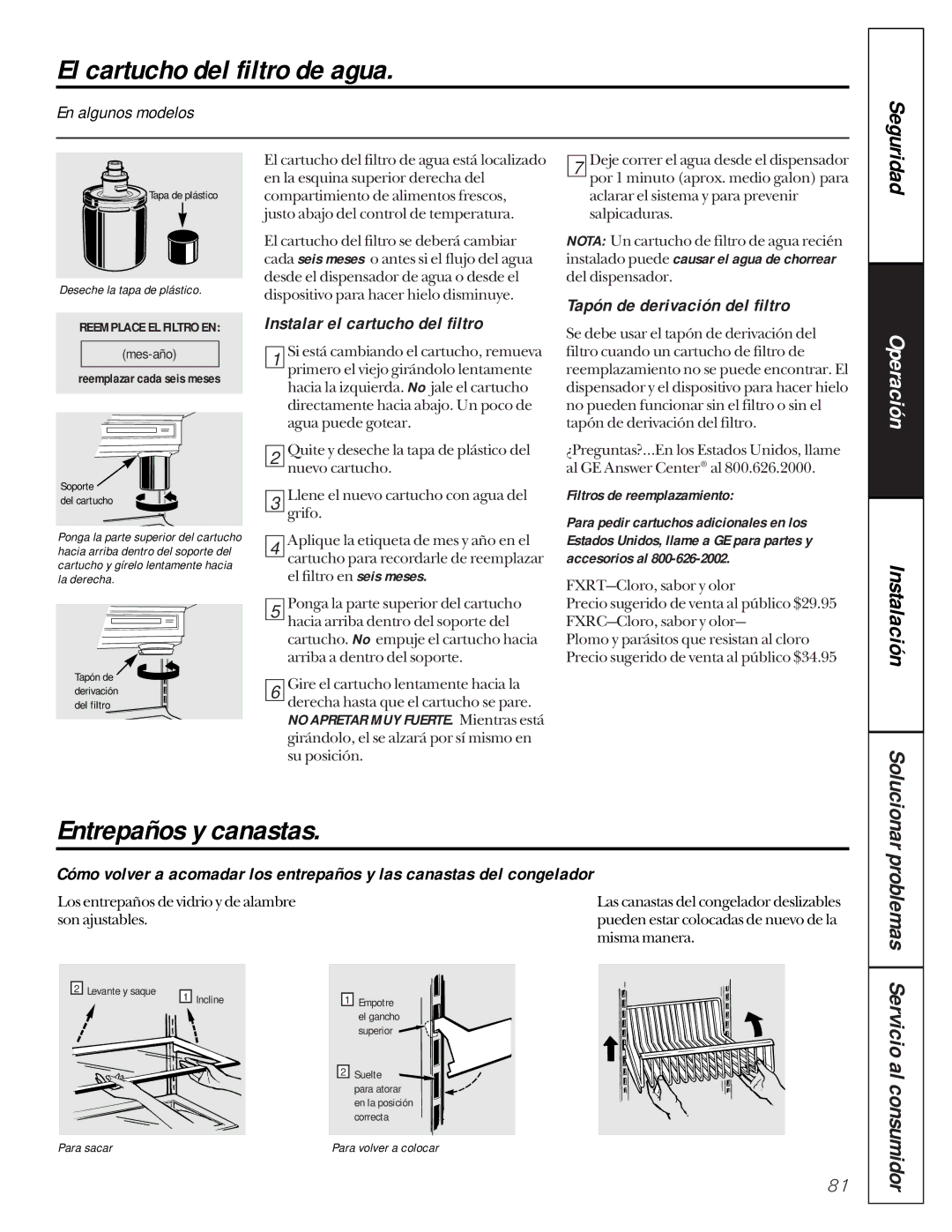 GE 162D9617P005 owner manual El cartucho del filtro de agua, Entrepaños y canastas, Instalar el cartucho del filtro 