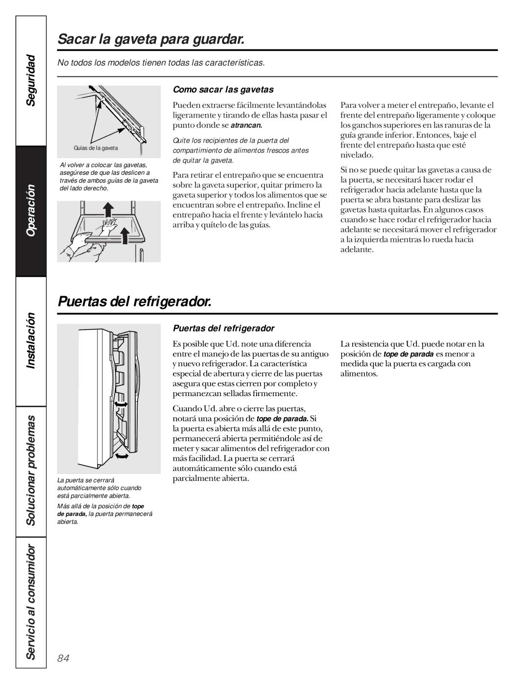 GE 162D9617P005 owner manual Sacar la gaveta para guardar, Puertas del refrigerador, Como sacar las gavetas 