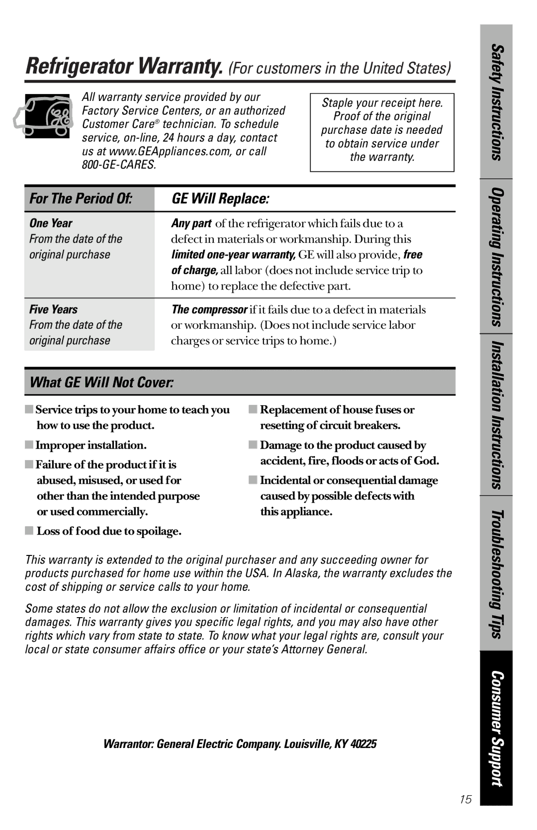 GE 162D9639P003 GE Will Replace, What GE Will Not Cover, Operating Instructions Installation, One Year, Five Years 