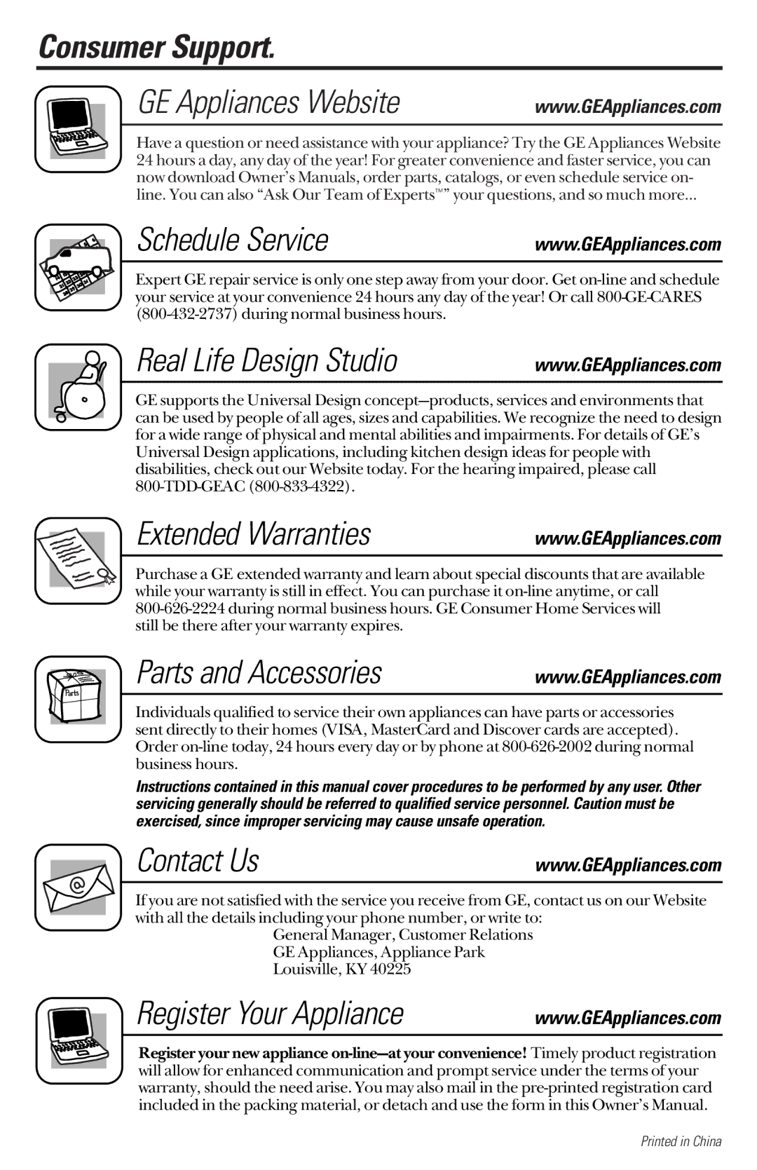 GE 162D9639P003 Consumer Support GE Appliances Website Schedule Service, Real Life Design Studio, Extended Warranties 