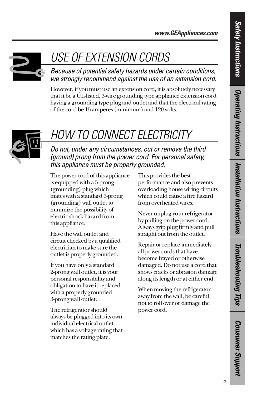 GE 162D9639P003 owner manual USE of Extension Cords, Safety Instructions Operating Instructions 