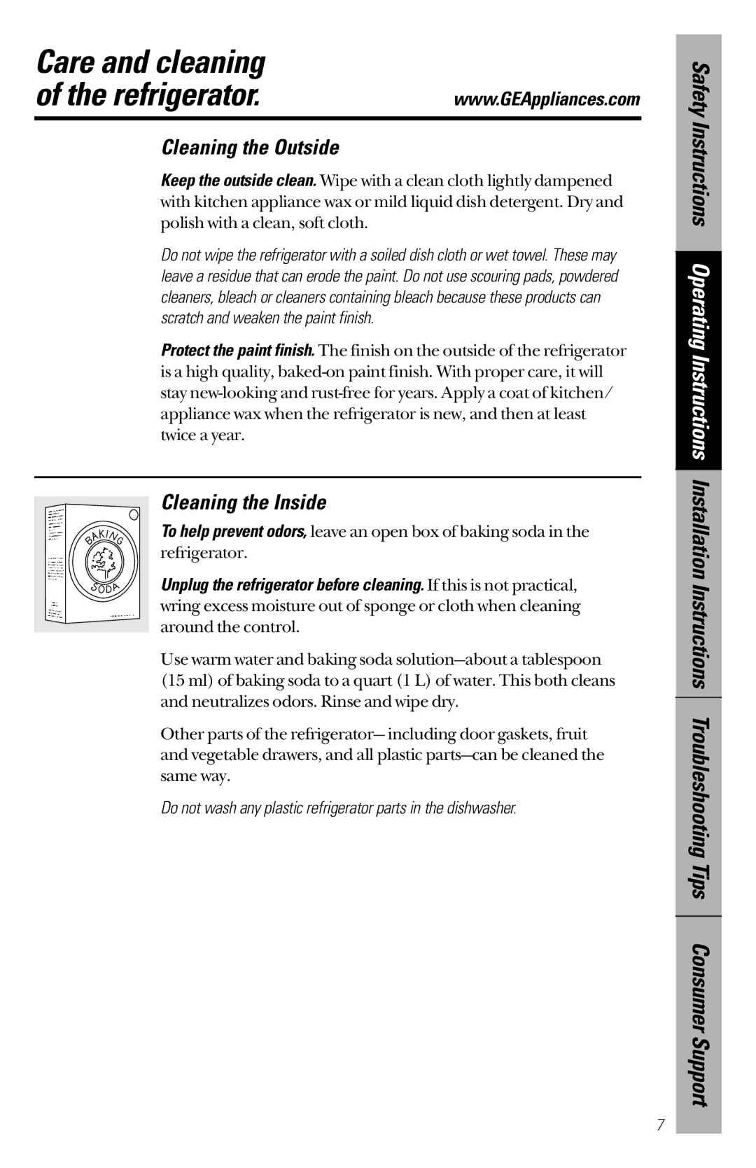 GE 162D9639P003 owner manual Care and cleaning Refrigerator, Cleaning the Outside, Cleaning the Inside 