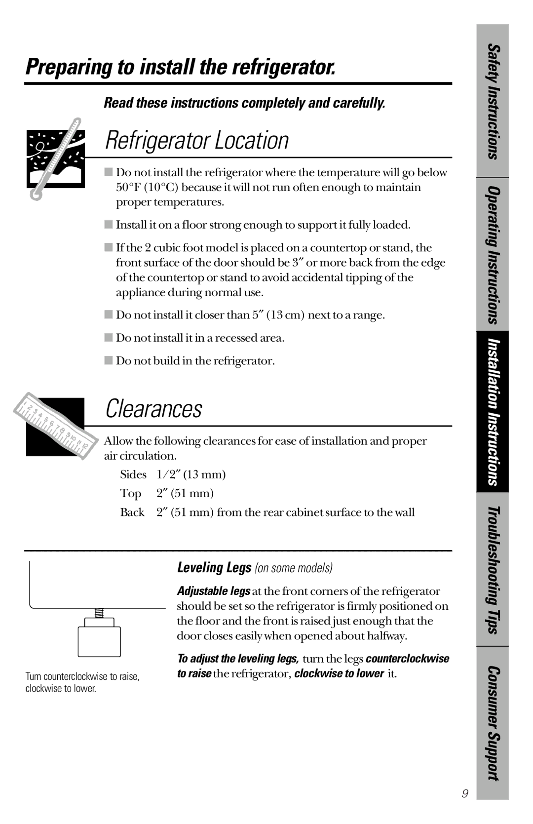 GE 162D9639P003 owner manual Preparing to install the refrigerator, Read these instructions completely and carefully 