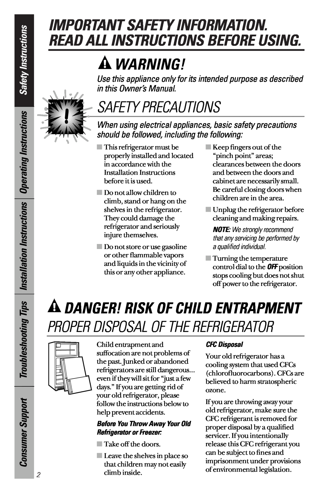 GE 162D9639P003 Safety Precautions, Important Safety Information. Read All Instructions Before Using, Tips, CFC Disposal 