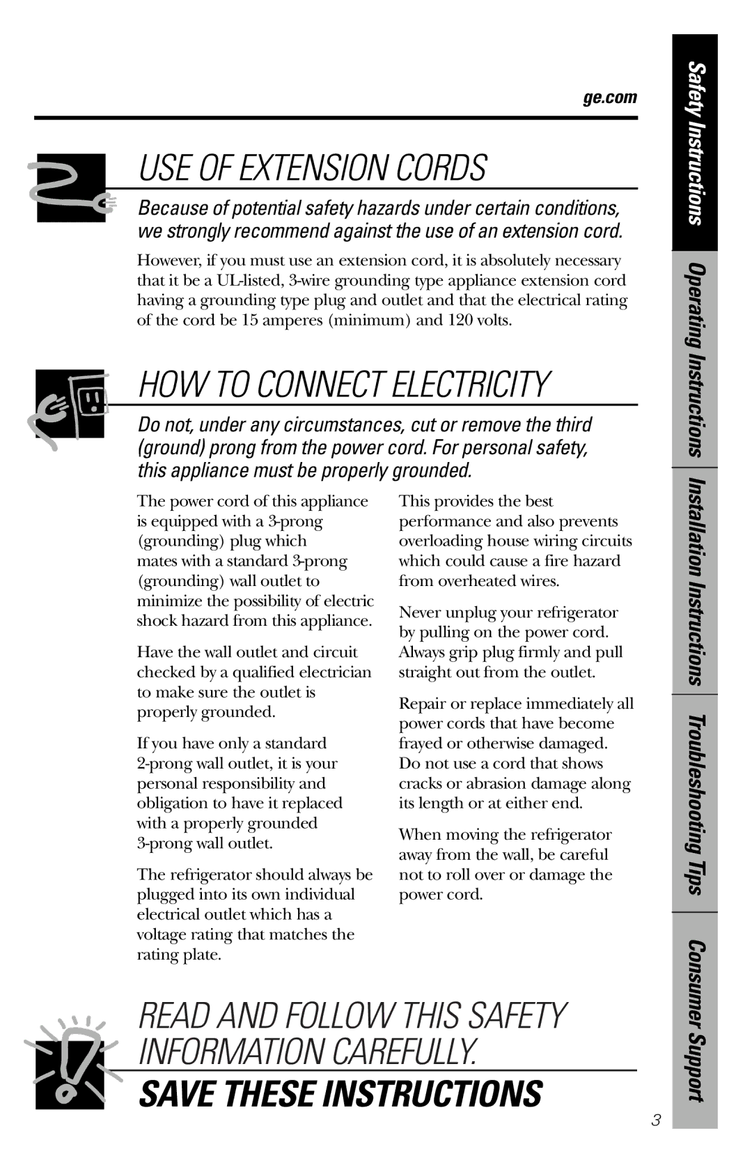 GE 162D9639P009 owner manual Safety Instructions Operating Instructions, Support, Ge.com 