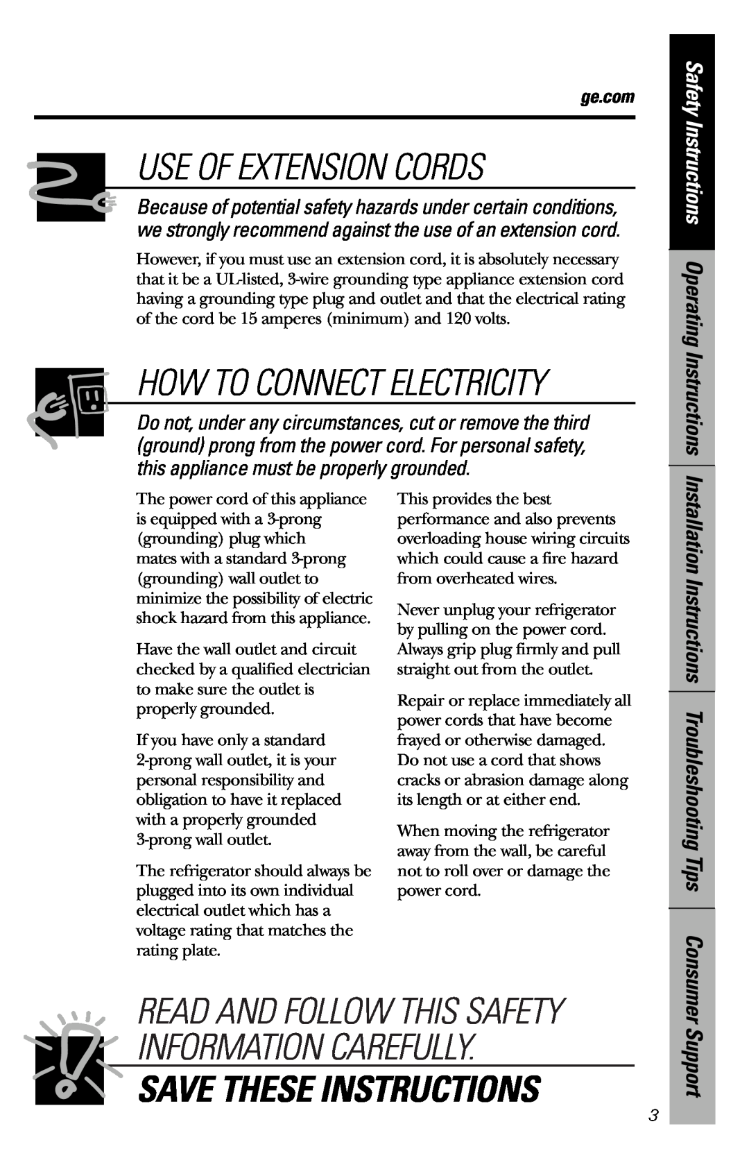 GE 162D9639P009 owner manual Use Of Extension Cords, Safety Instructions Operating Instructions, Support, ge.com 