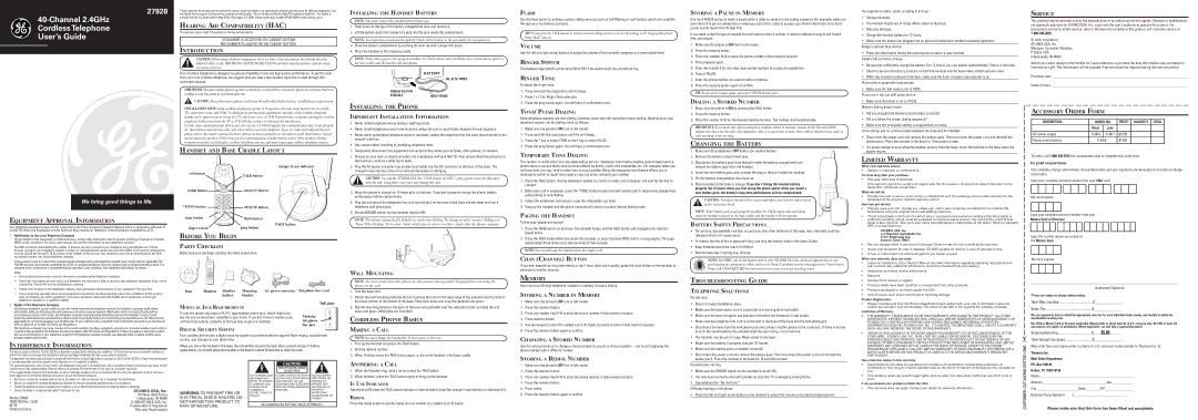 GE 27928C warranty Hearing AID Compatibility HAC, Introduction, Handset and Base Cradle Layout, Installing the Phone 