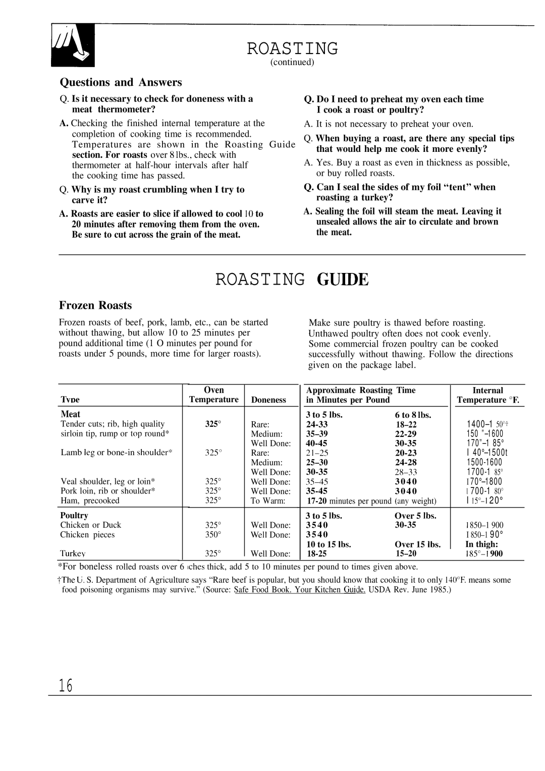 GE 164D2966P118 warranty Roasting GU~E, Questions and Answers, Frozen Roasts, Meat, Oven 