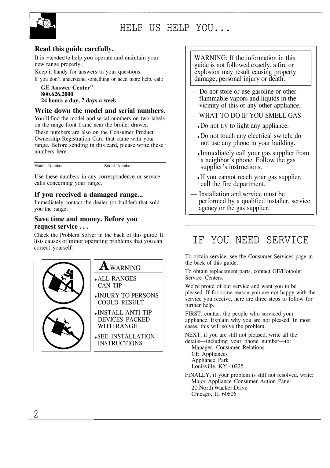 GE 164D2966P118 warranty Help US Help YOU, Read this guide carefully, Write down the model and serial numbers 