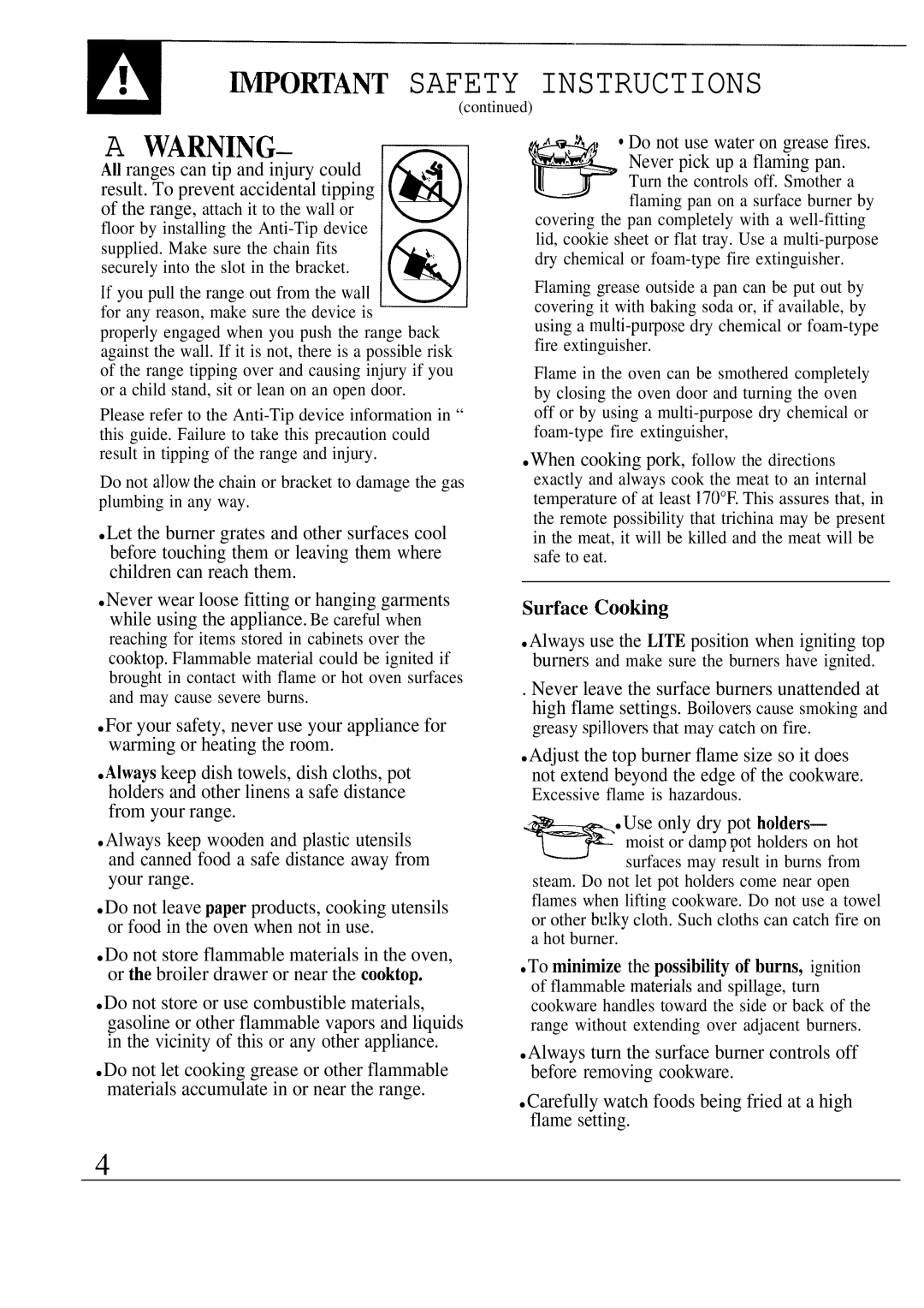 GE 164D2966P118 warranty Wortant Safety Instructions, Surface CooKng, To minimize the possibility of burns, ignition 