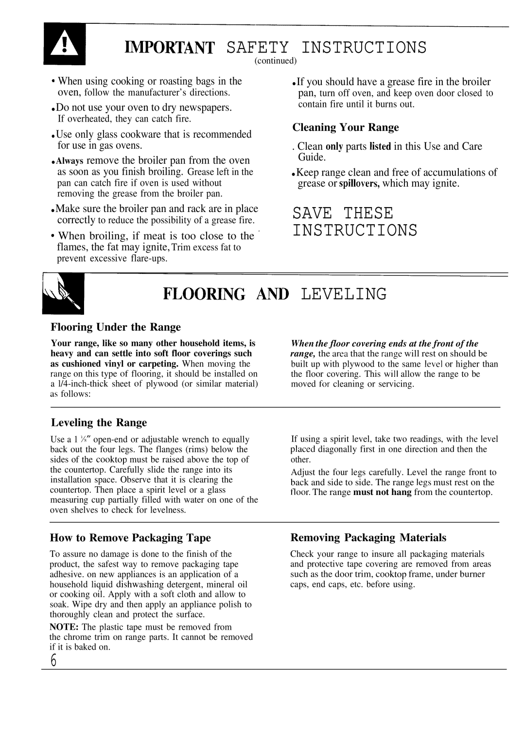 GE 164D2966P118 warranty Save These Instructions, FLOOmNG and Leveling 