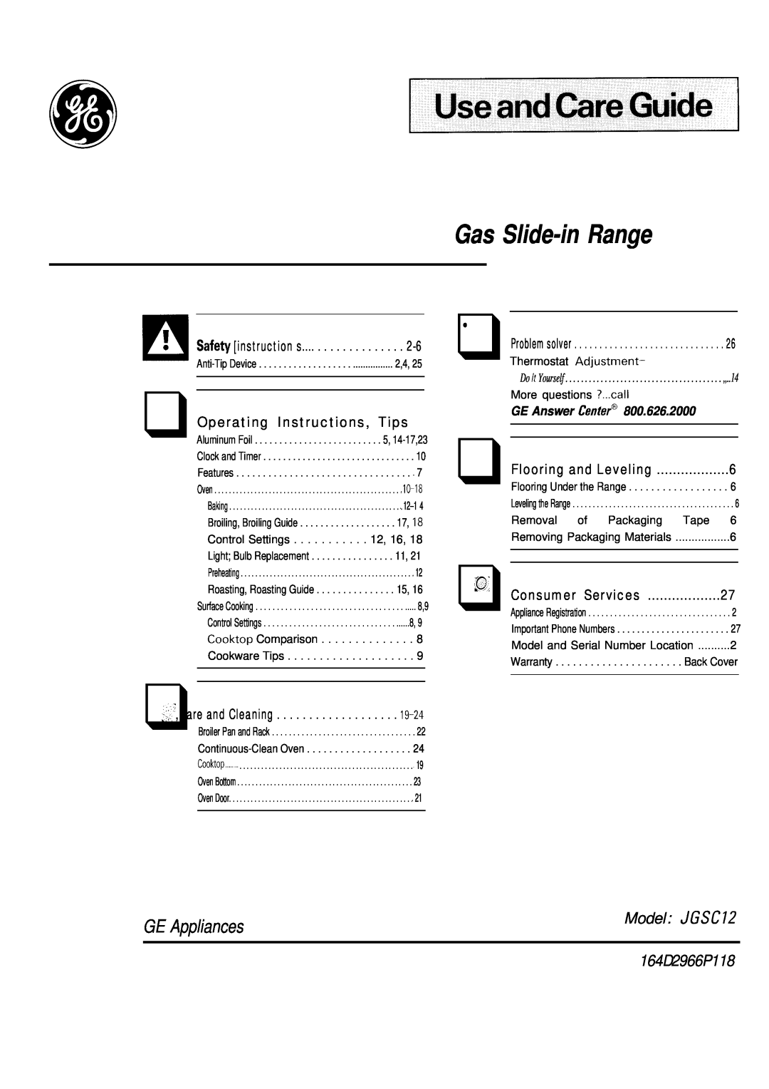 GE 164D2966P118 warranty Gas Slide-inRange, GE Appliances, Model JGSC12, Operating Instructions, Tips, Consumer Services 