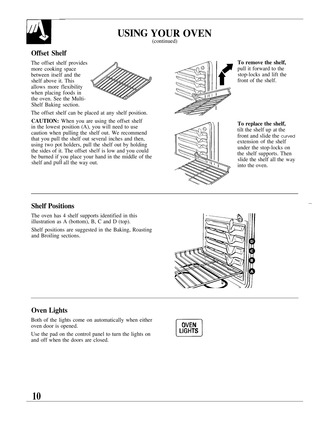 GE 164D2966P126 warranty Offset Shelf, Shelf Positions, Oven Lights 